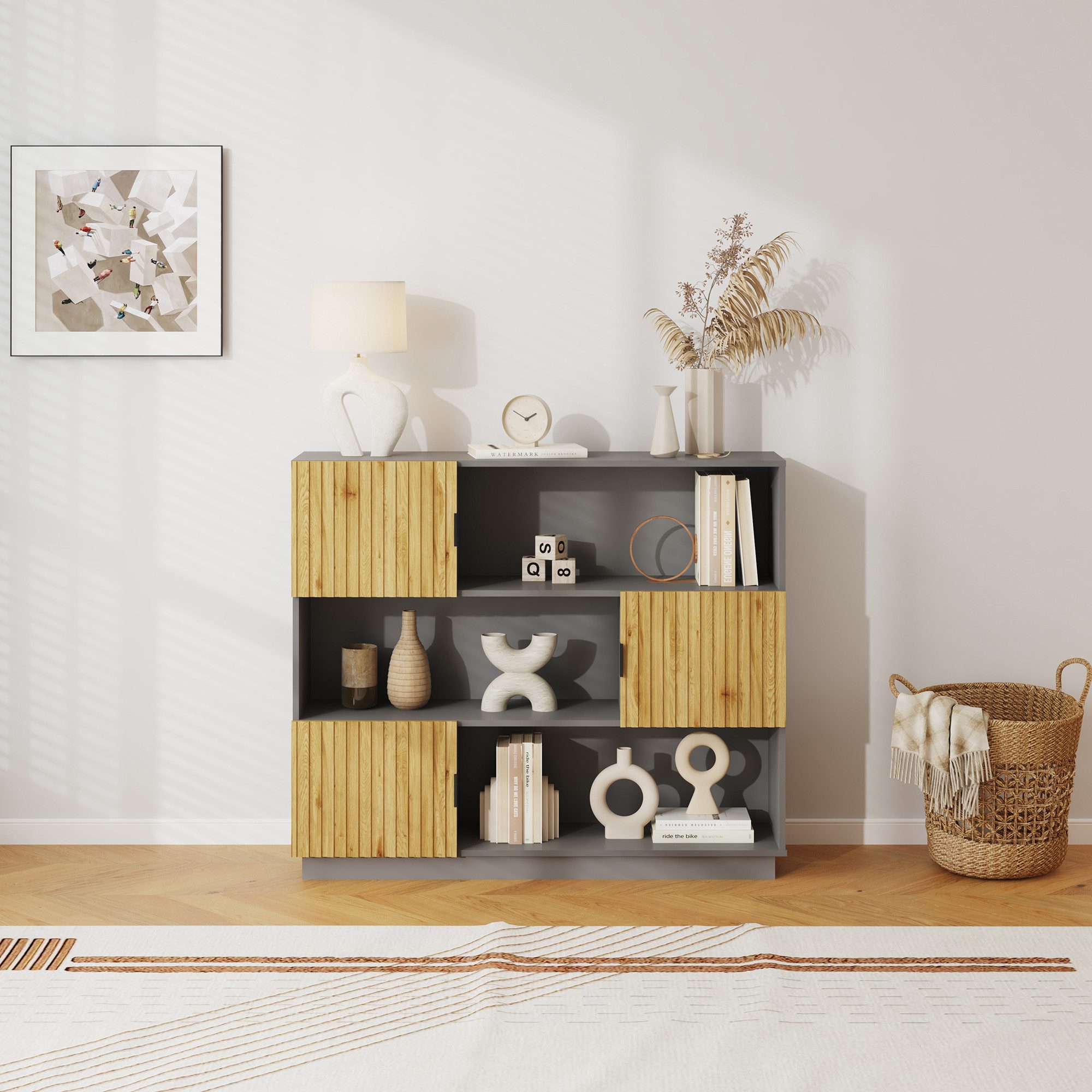 en.casa Bücherregal, »Verhundar« mit 3 Türen 102 x 120 x 30 cm Grau / Holzfarben