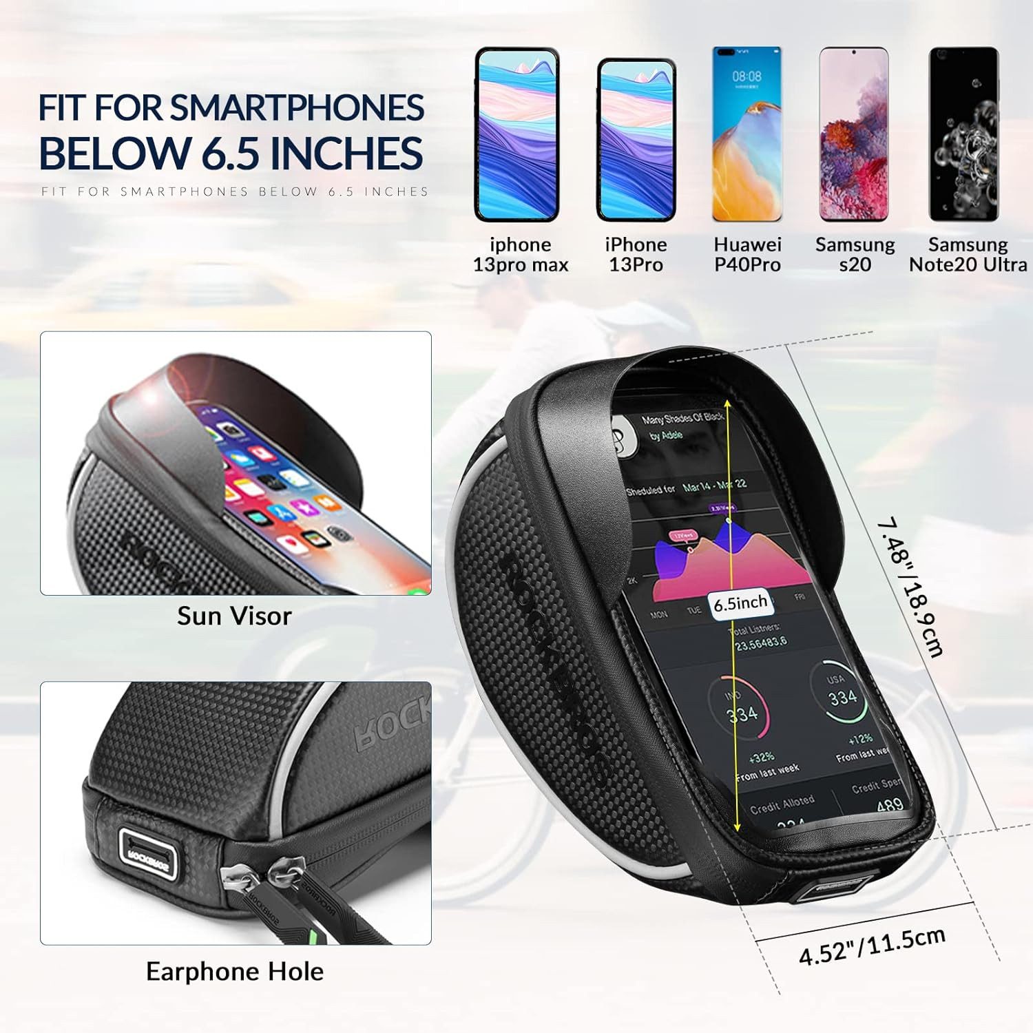 ROCKBROS Handytasche Fahrrad Lenkertasche Lenker wasserdichte Handyhalterung, für Smartphone bis zu 6.5 Zoll Empfindlicher Touchscreen