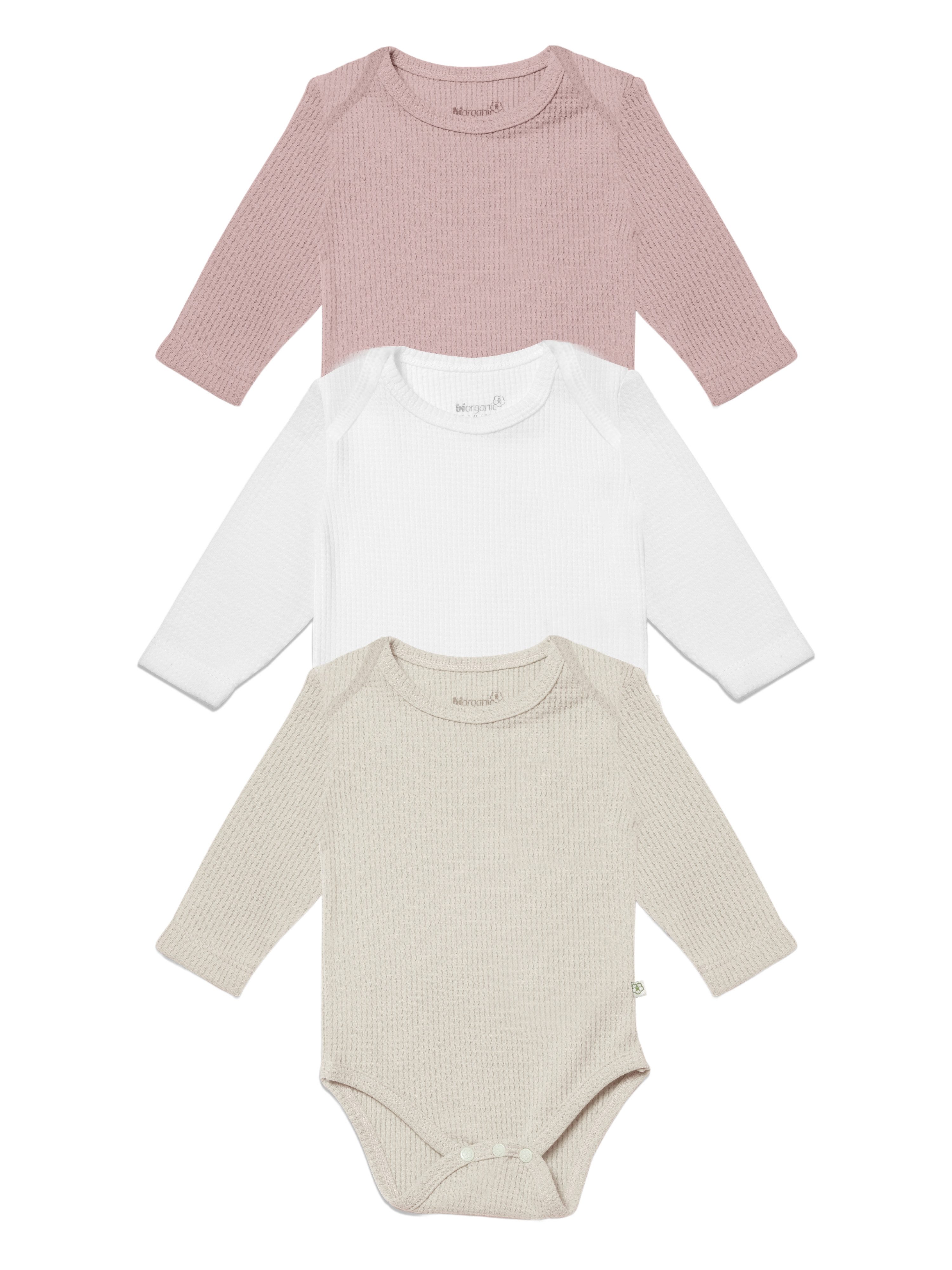biorganic Langarmbody Waffle (3er Pack) Mehrfarbig Unisex, Baby Body für Jungen und Mädchen (Set, 4-tlg., 3er-Pack Bodys & 1 Beutel) Waffelmuster, Bio-Baumwolle, Größe 56 - 86