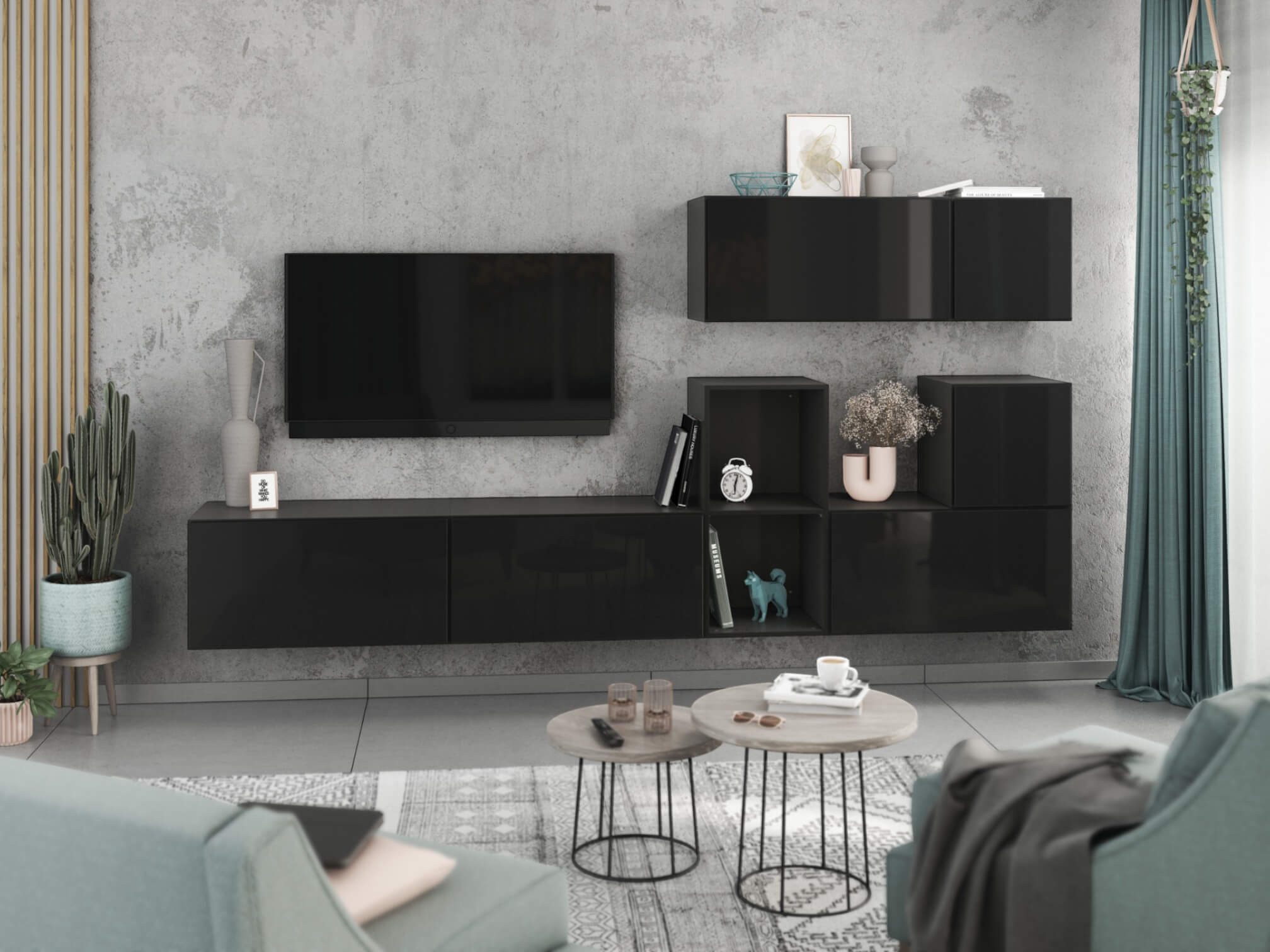 moebel-dich-auf Wohnwand VARIANTO 1, (7- teilig., besteht aus 4x Schrank mit Klappe, 2x Schrank mit Tür,1x offenes Regal), MDF Fronten tiefgezogen, Softclose