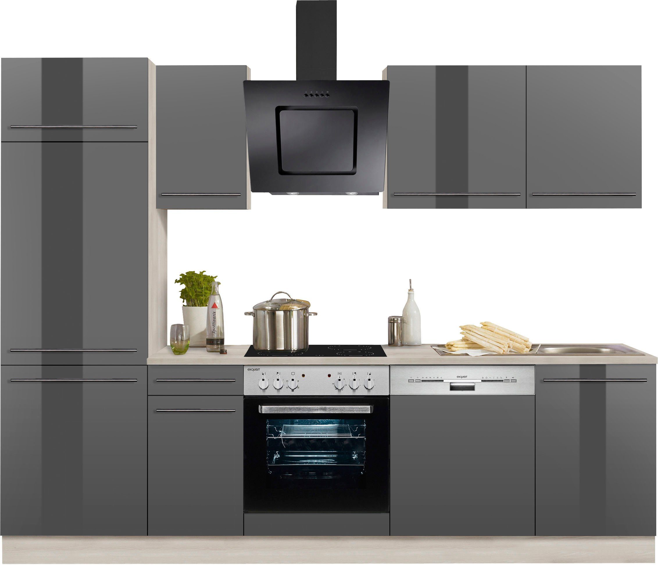 OPTIFIT Küchenzeile Bern, Breite 270 cm, gedämpfte Türen, wahlweise mit E-Geräten grau Hochglanz/akazie-akazie | grau Hochglanz | grau