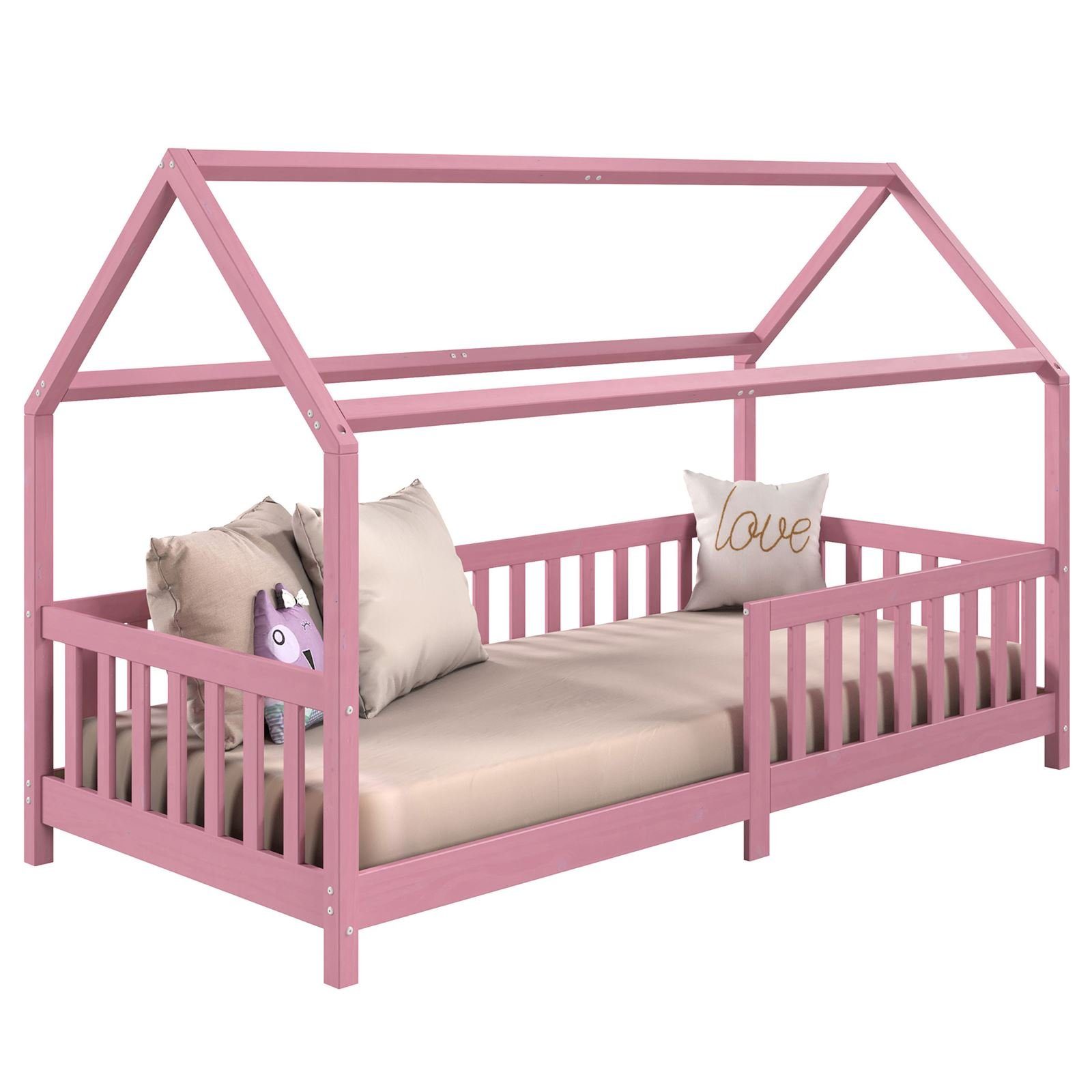 IDIMEX Kinderbett NINA, Hausbett Montessori Bett Kiefer 90 x 200 Tipibett mit Dach und rausfal rosa