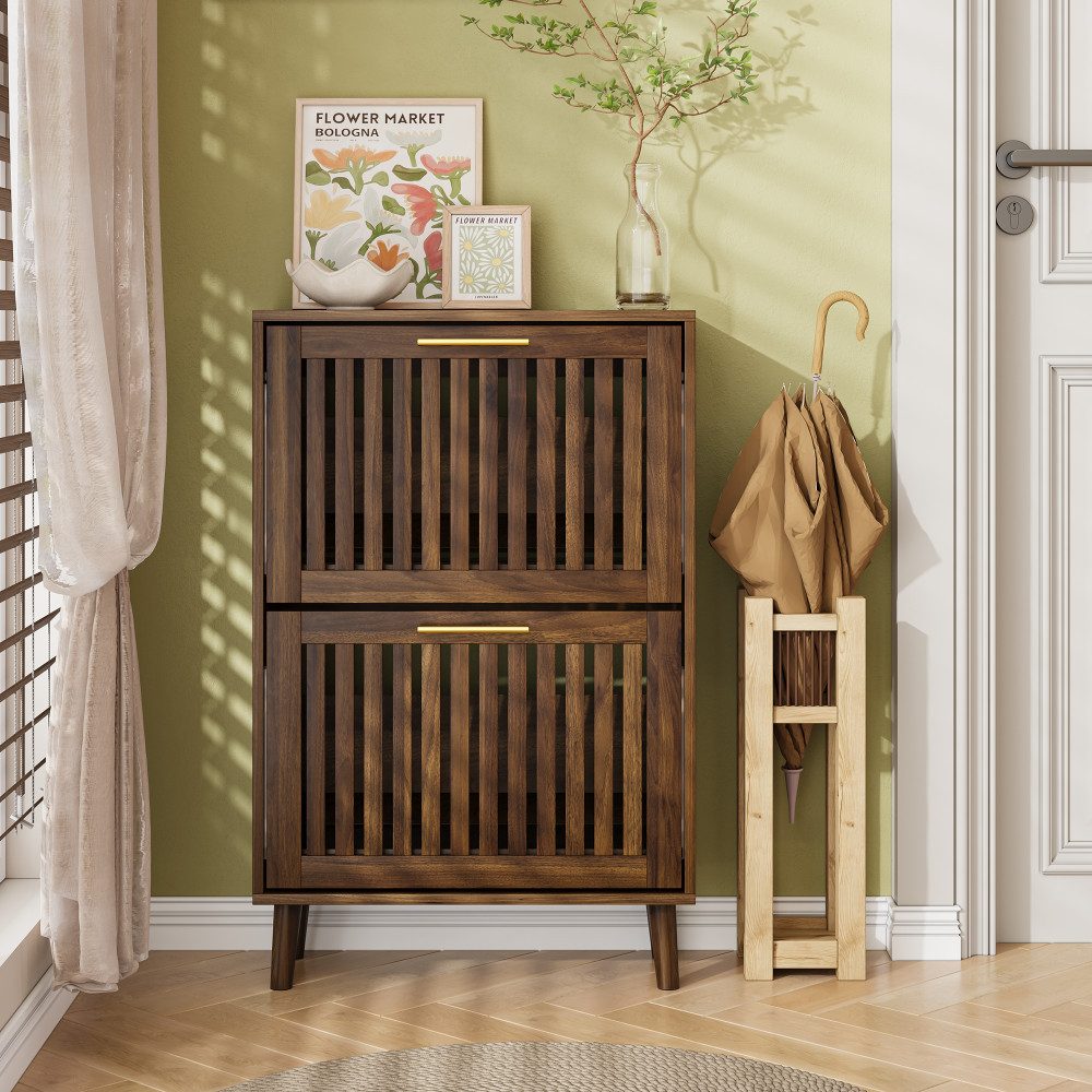 BBWL Schuhschrank 60 cm Walnuss freistehend MDF Klappschubladen Mid Century Stil Schuhschrank Flur Eingangsbereich Stauraum