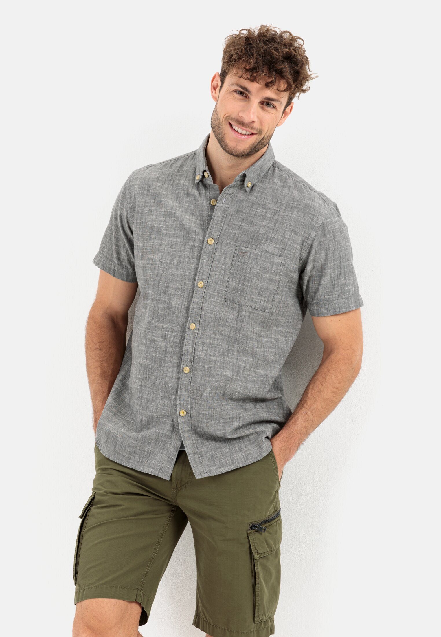 camel active Kurzarmhemd aus reiner Baumwolle Kurzarm Button-Down Button-Down