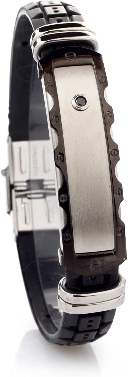 Lederarmband Edelstahl Herrenarmband Kautschuk 1 CZ Stein Schwarz - SB7613
