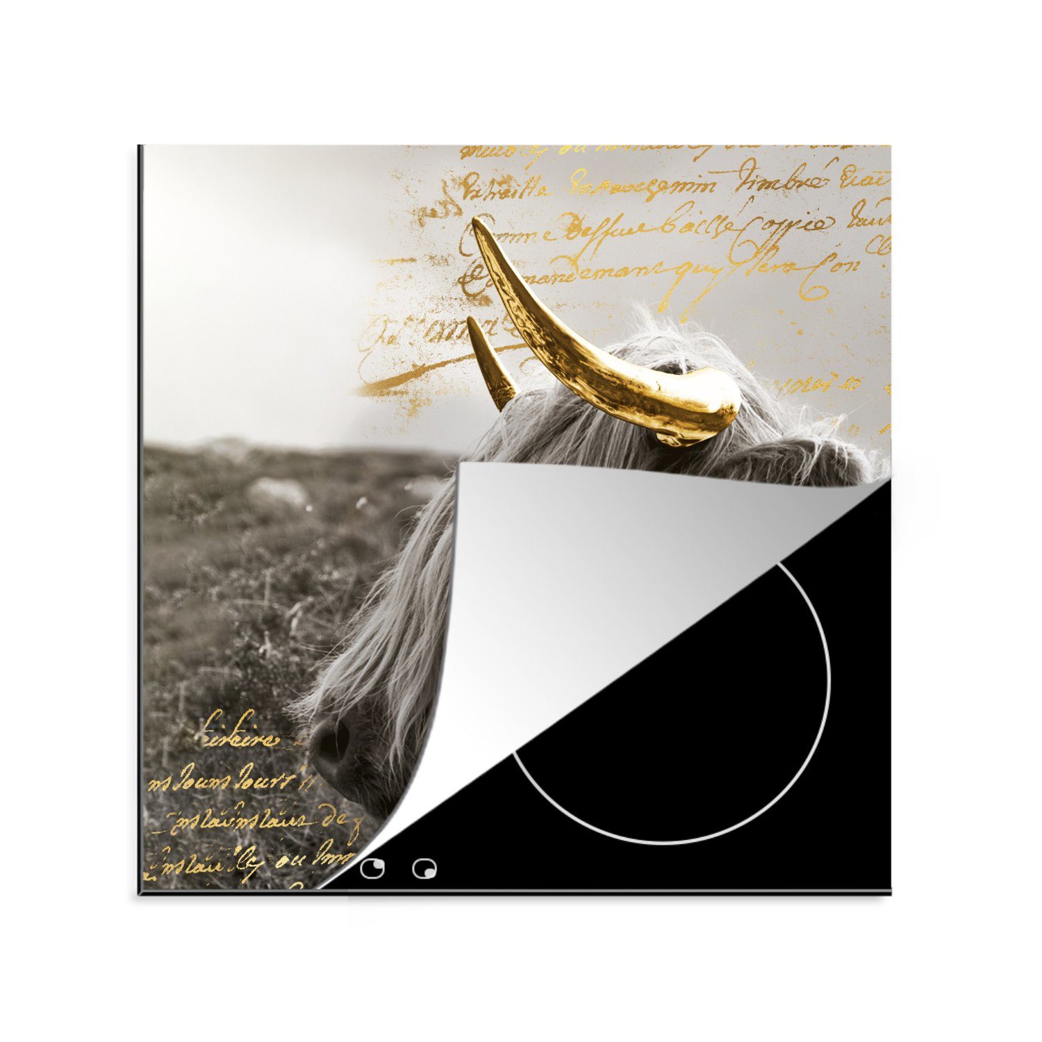 MuchoWow Herdblende-/Abdeckplatte Schottischer Highlander - Gold - Zitat, Vinyl, (1 tlg), 78x78 cm, Ceranfeldabdeckung, Arbeitsplatte für küche | Herdabdeckplatten