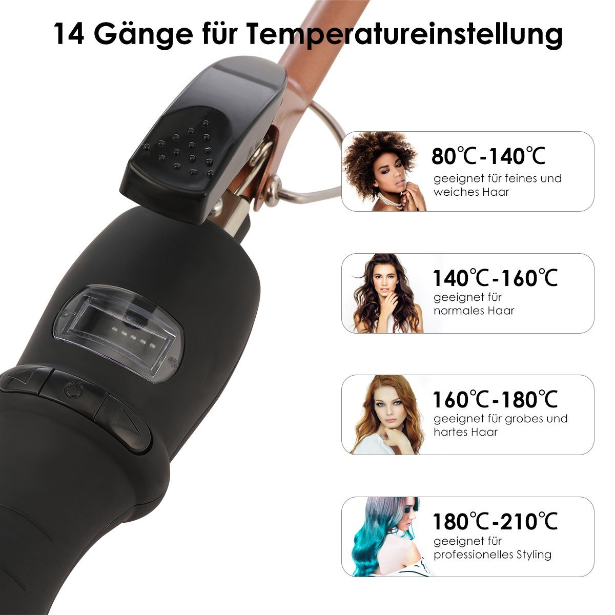 LETGOSPT Lockenstab Profi 9mm Lockenstab, LCD-Display Keramischer Lockenwickler 80-210℃, Keramik-Beschichtung, Schnelles Aufheizen, Temperatur Einstellbar, Handschuh, für Alle Haare
