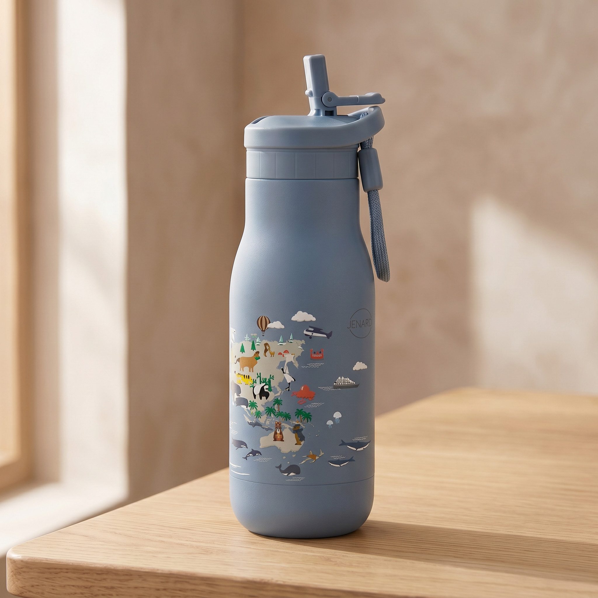 JENARD Lunchbox Set Brotdose & Trinkflasche Edelstahl – Weltkarte mit Tiere Blau, Edelstahl, PP, (2-tlg., 2-teilig, Brotdose und Trinkflasche), BPA-frei, kindge – Bild 5 von 5