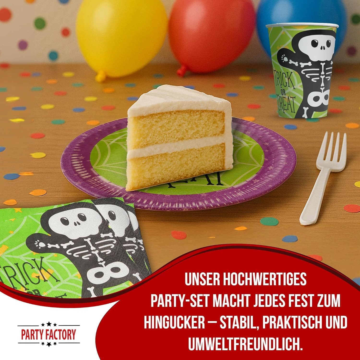 Party Factory Geschirr-Set Halloween Skelett 3-tlg Party-Set mit Becher, Teller und Servietten, 8 Personen, schaurig, spaßig und unkompliziert