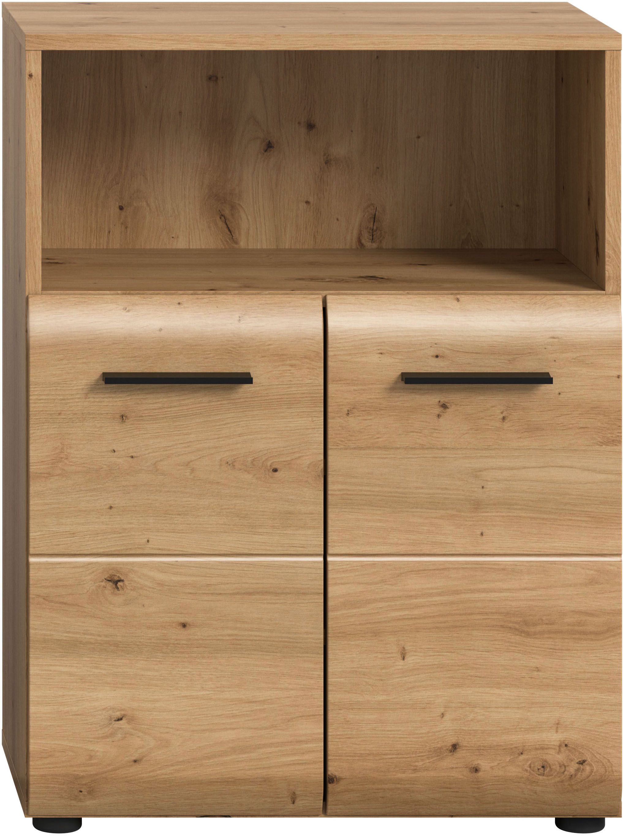 welltime Midischrank FLORENZ, Breite 60 cm, 2 Türen, 1 Fachboden, 1 offene Fach (1-St., TOPSELLER) hochwertige MDF Front, Griff schwarz, Badschrank, Bad