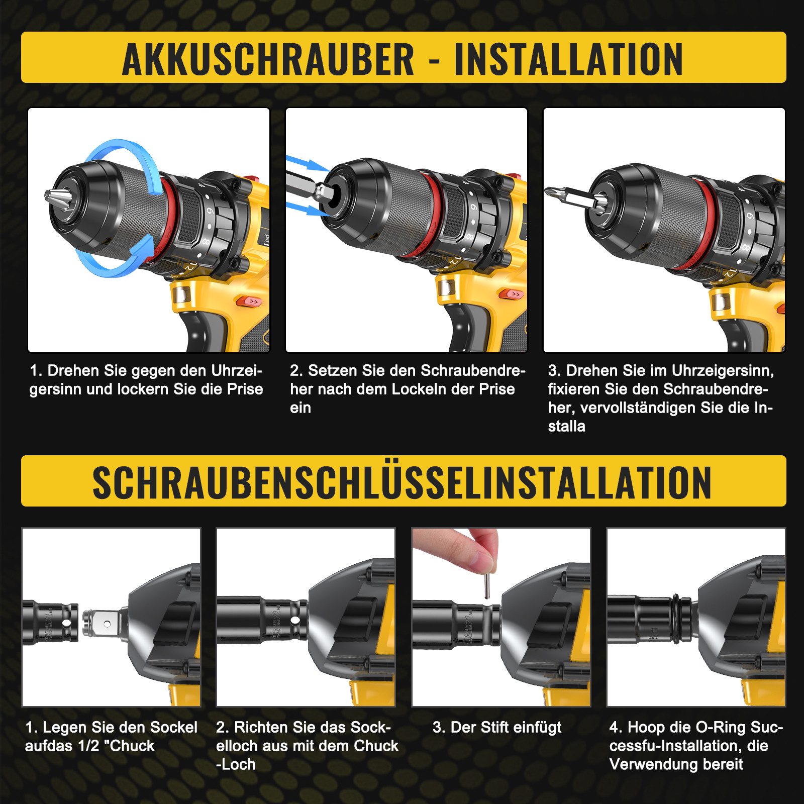 CONENTOOL Akku-Schlagschrauber 21V Bürstenlos Werkzeugset, Schlagschrauber + Akkuschrauber, 500 Nm, (Set, 51-tlg., 2×4,0Ah Akkus, Ladegerät), LED-Licht, mit Wer – Bild 5 von 5