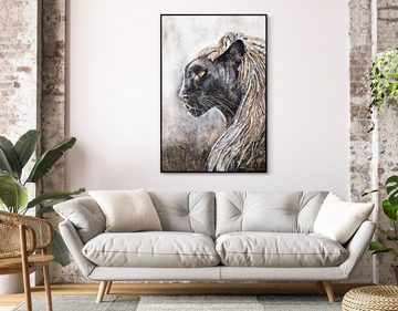 YS-Art Gemälde Baghira, Tiere, Leinwand Bild Handgemalt schwarzer Panther mit Rahmen