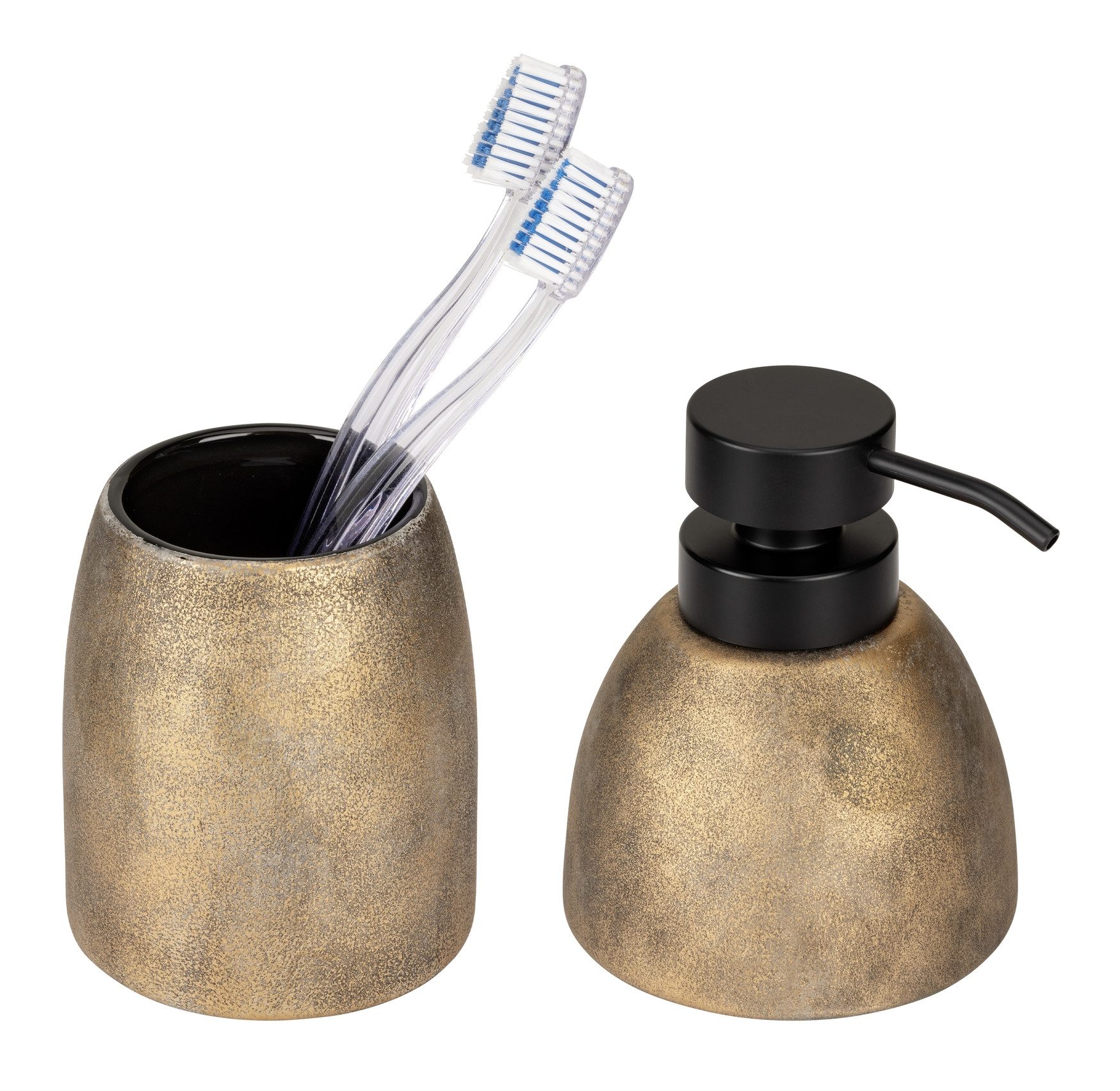 WENKO Badaccessoire-Set Tremea, Set, 2 tlg., bestehend aus Seifenspender und Zahnputzbecher, Keramik in bronze matt