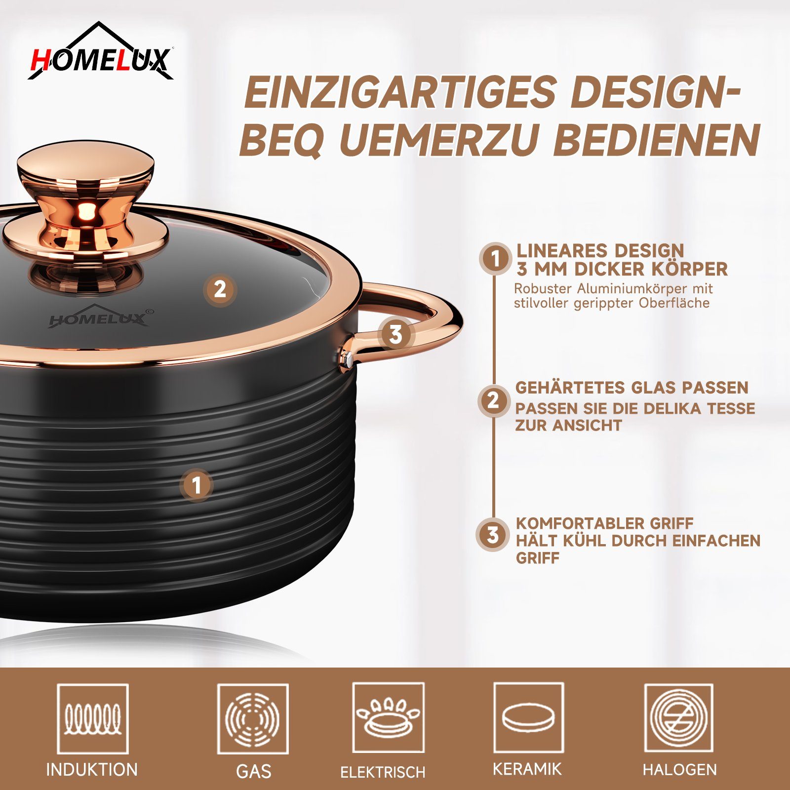 HOMELUX Topf-Set Kochgeschirr-Set, 10tlg Induktions Kochtopfset mit Deckel, Aluminium (Stilvolles Rose Gold, 10-tlg., Kochtopf 20/24/28 + Stieltopf 16 + Pfanne 24/28), induktionsgeeignet