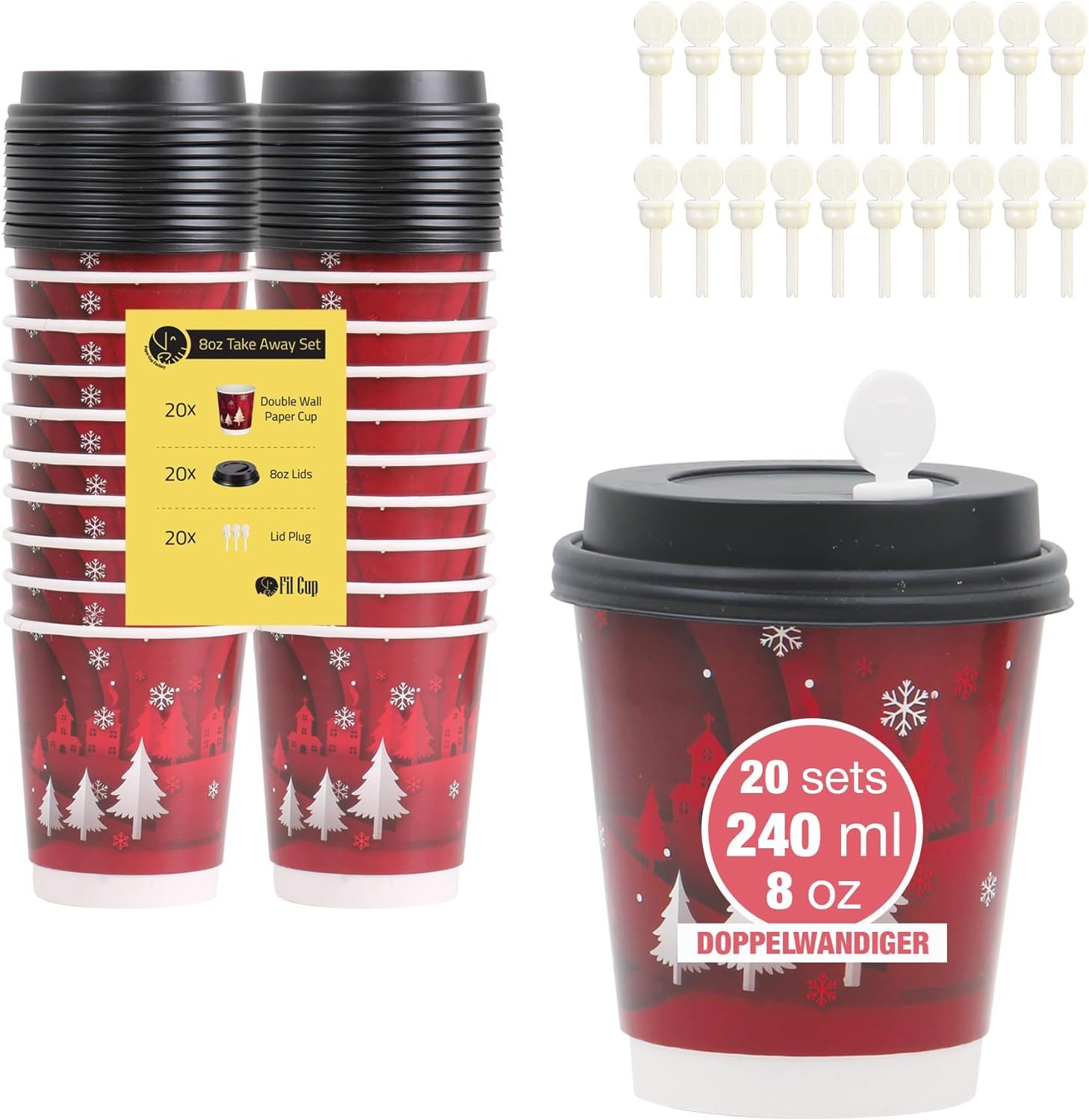 Weit & Breit Handelsgesellschaft mbH Coffee-to-go-Becher Kaffeebecher 240 ml 20er Set Flocke Auslaufsicher Doppelwandig, Pappe (Becher), PS (Deckel), Doppelwandige Becher – isolierend und stabil