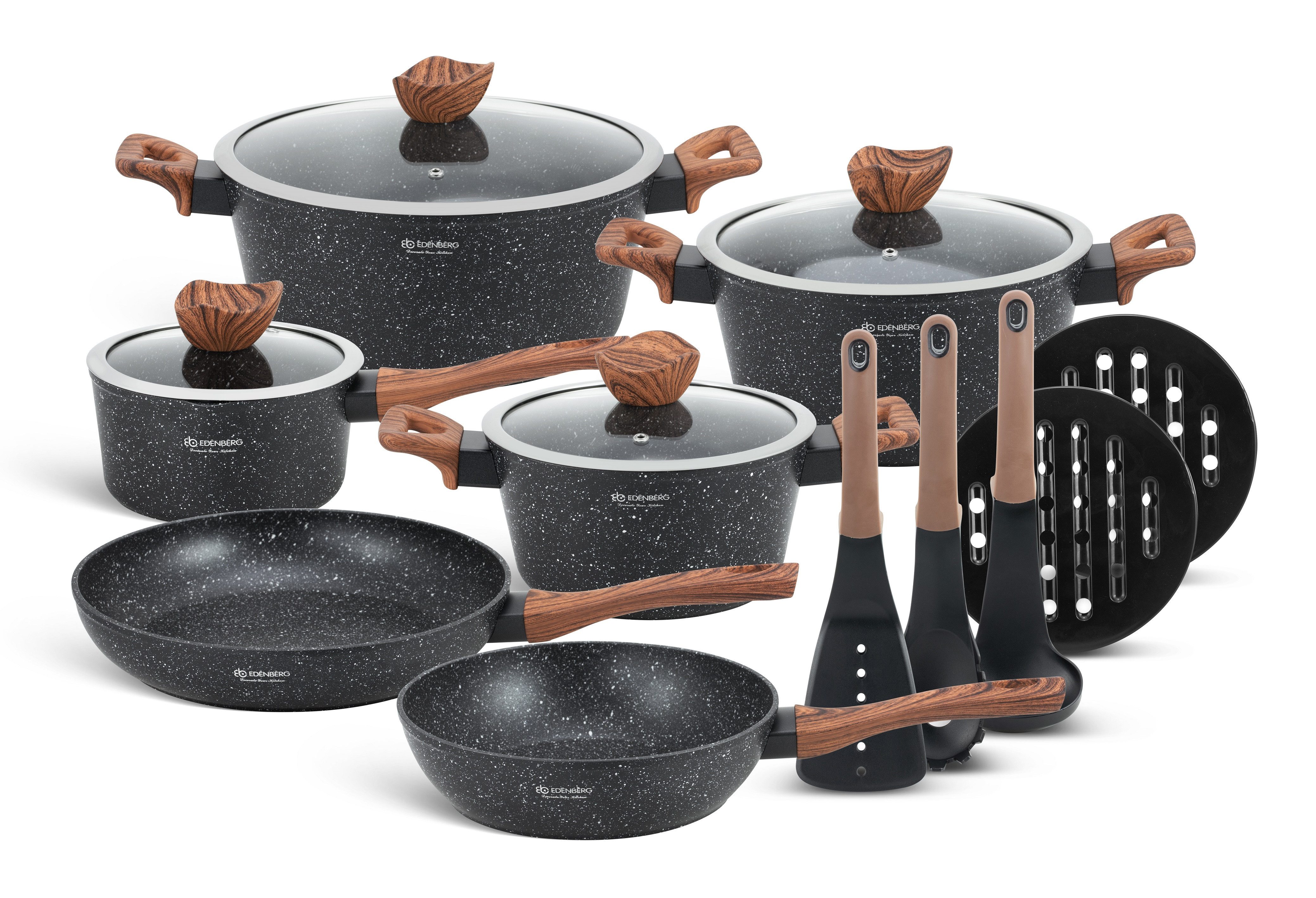 Edenberg Topf-Set Schöne Schwarze Töpfe in 3 Größen mit Pfannen und Kasserolle, Aluminium, Aluminiumguss, Keramik (Dieses wunderschöne Topfset in elegantem Mattschwarz mit feinen weißen Sprenkeln ist die perfekte Geschenkidee für jeden Anlass – stilvoll,