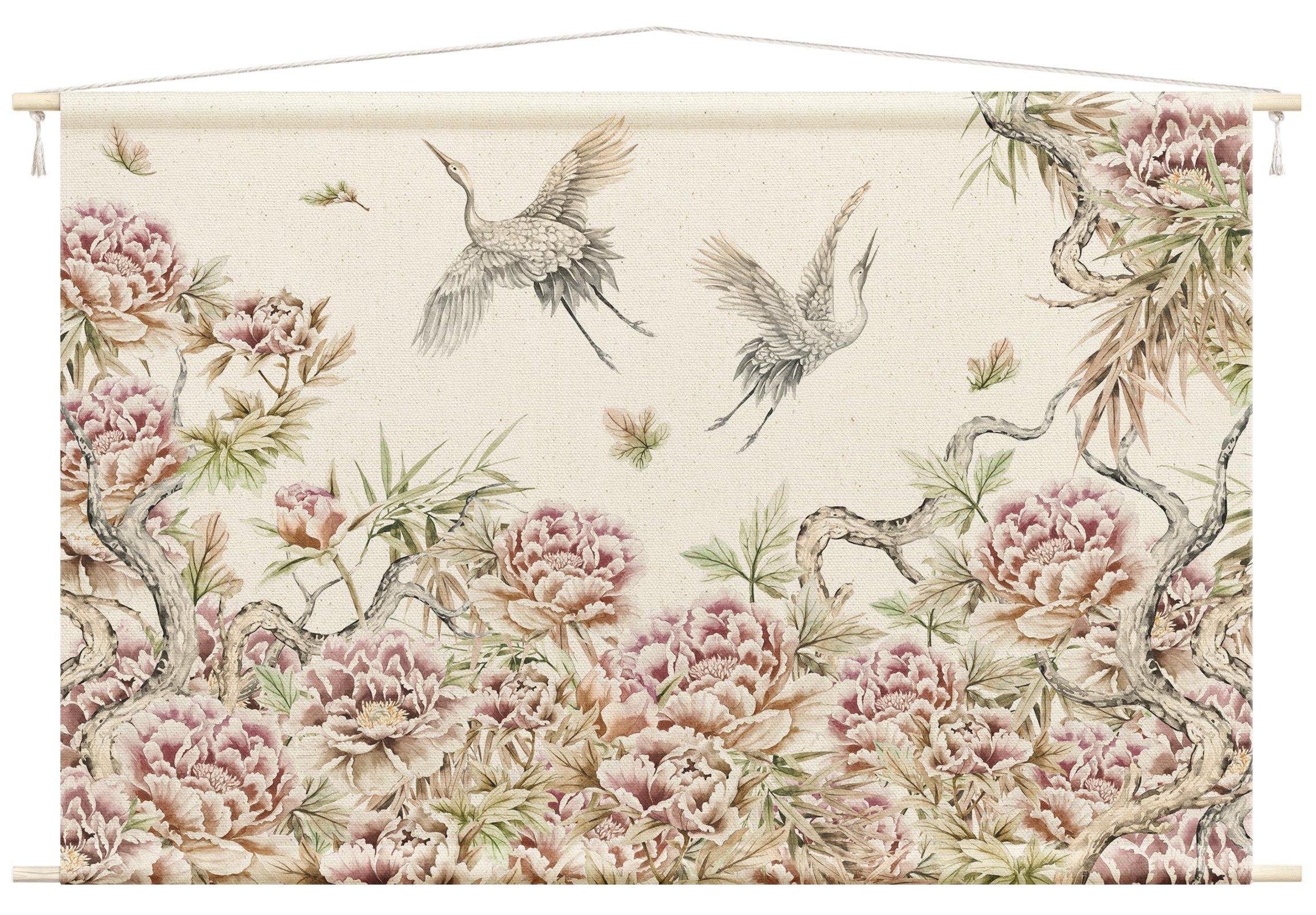 Bilderdepot24 Wandteppich modern Aquarell Tiere Vögel Botanik rosa, rechteckig, Höhe: 2.6 mm, großes Wandbild aus Natur-Baumwolle Wandbehang Stoffbild Tuch Wollseil