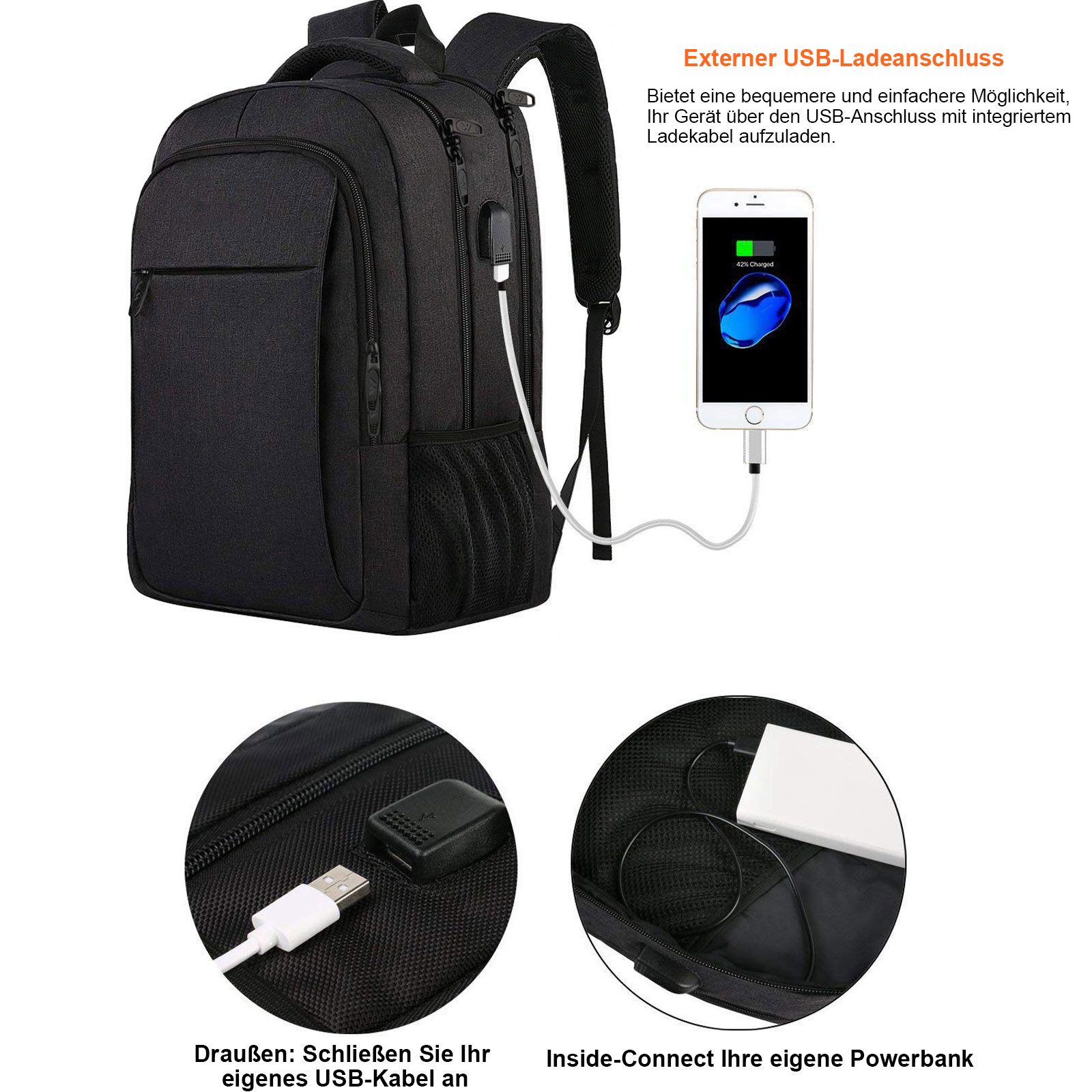 MODFU Laptoprucksack Laptop Rucksack Rucksäcke Schulrucksack Wasserbeständig Laptoptasche (Laptop Notebook Tasche Schule Uni Rucksack, mit USB-Lade-Anschluss, Anti-Diebstahl, Backpack mit Laptopfach), Herren Damen Jungen Teenager Freizeit Arbeit Business Reisen