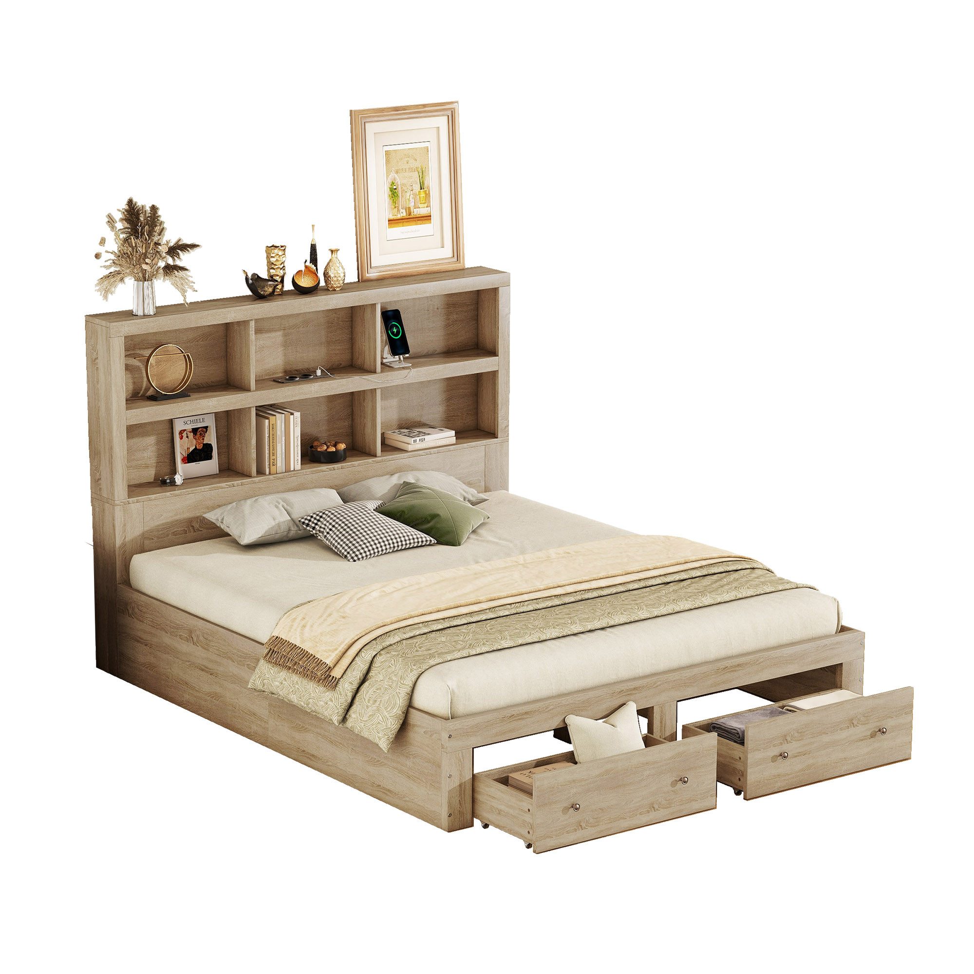 REDOM Bett Kingsize-Plattformbett, Gästebett, Lagerungsbett, Doppelbett (mit Schubladen und Kopfteil-Stauraum, USB-Ladefunktion, ideal für Schlafzimmer & Jugendzimmer, 160x200cm), Ohne Matratze