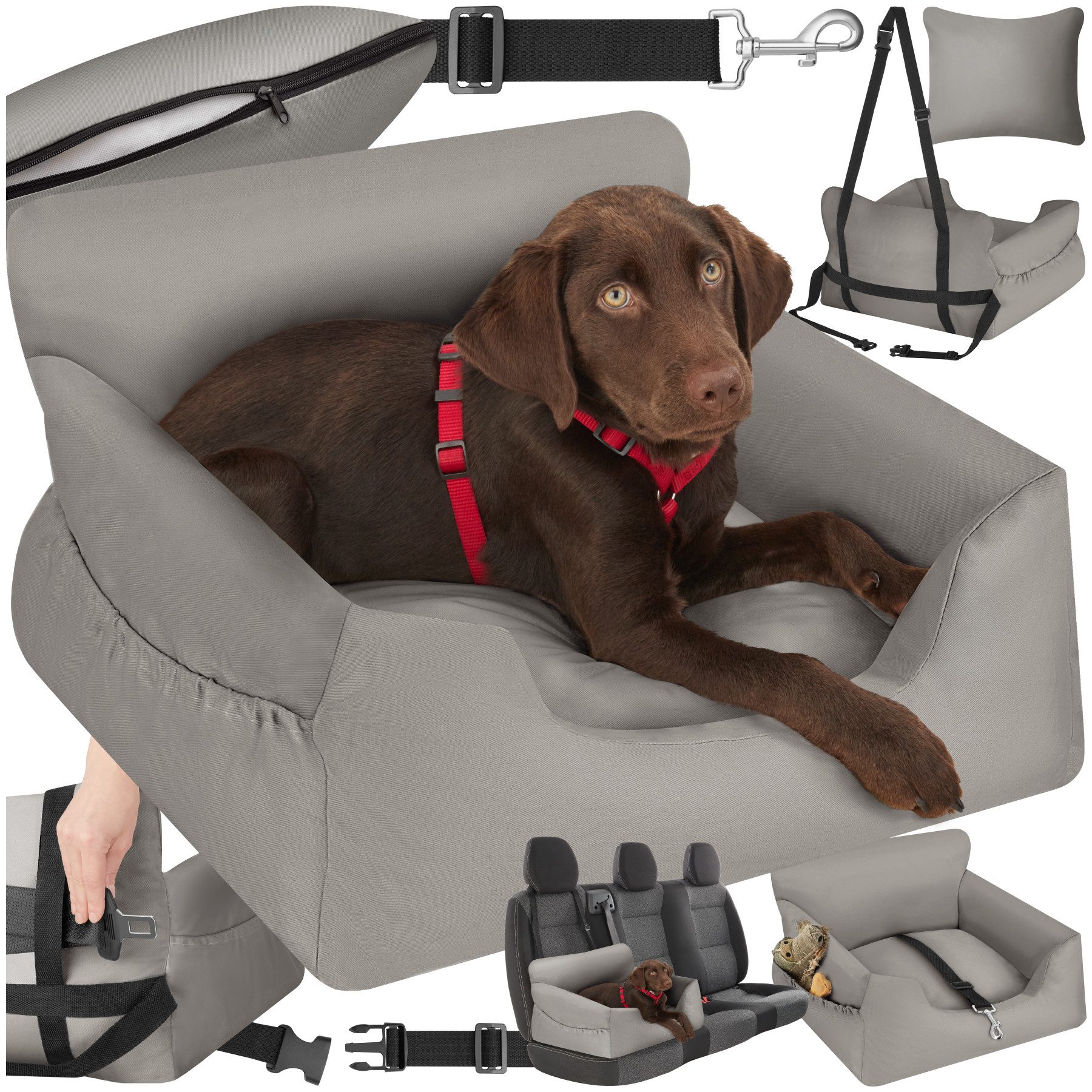 tectake Hunde-Autositz Hunde-Sicherheitssitz, 55 x 50 x 29 cm, abnehmbare Bezüge aus Canvas, Längenverstellbar, hohe Seitenwände, wasserabweisend und waschbar