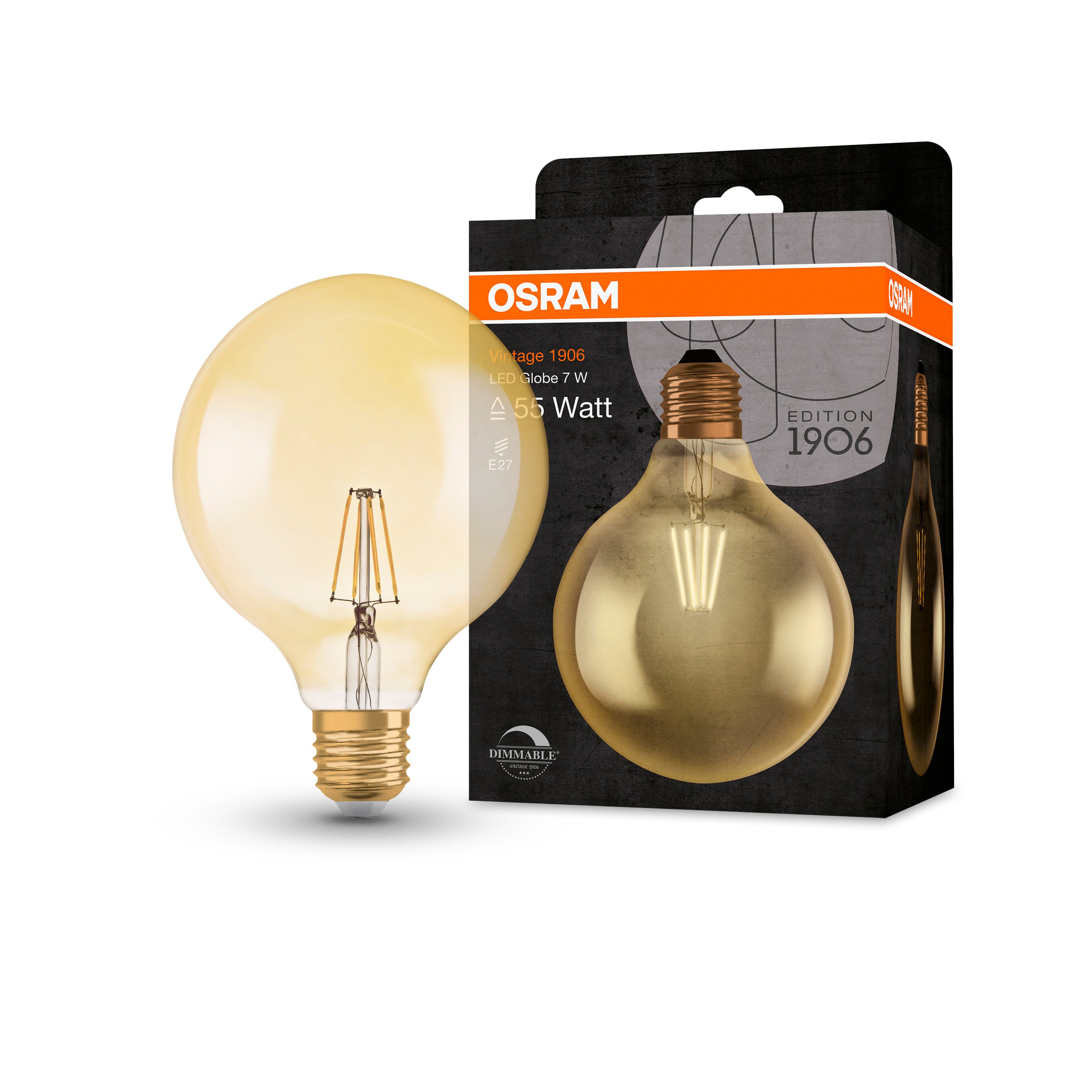 Ledvance LED-Leuchtmittel Vintage 1906 Globe 55 Filament DIM 6.5W 824 Gold E27, E27, 1 St., Komfort warmes Weiß, Geringerer Energieverbrauch als Glüh- oder Halogenlampen