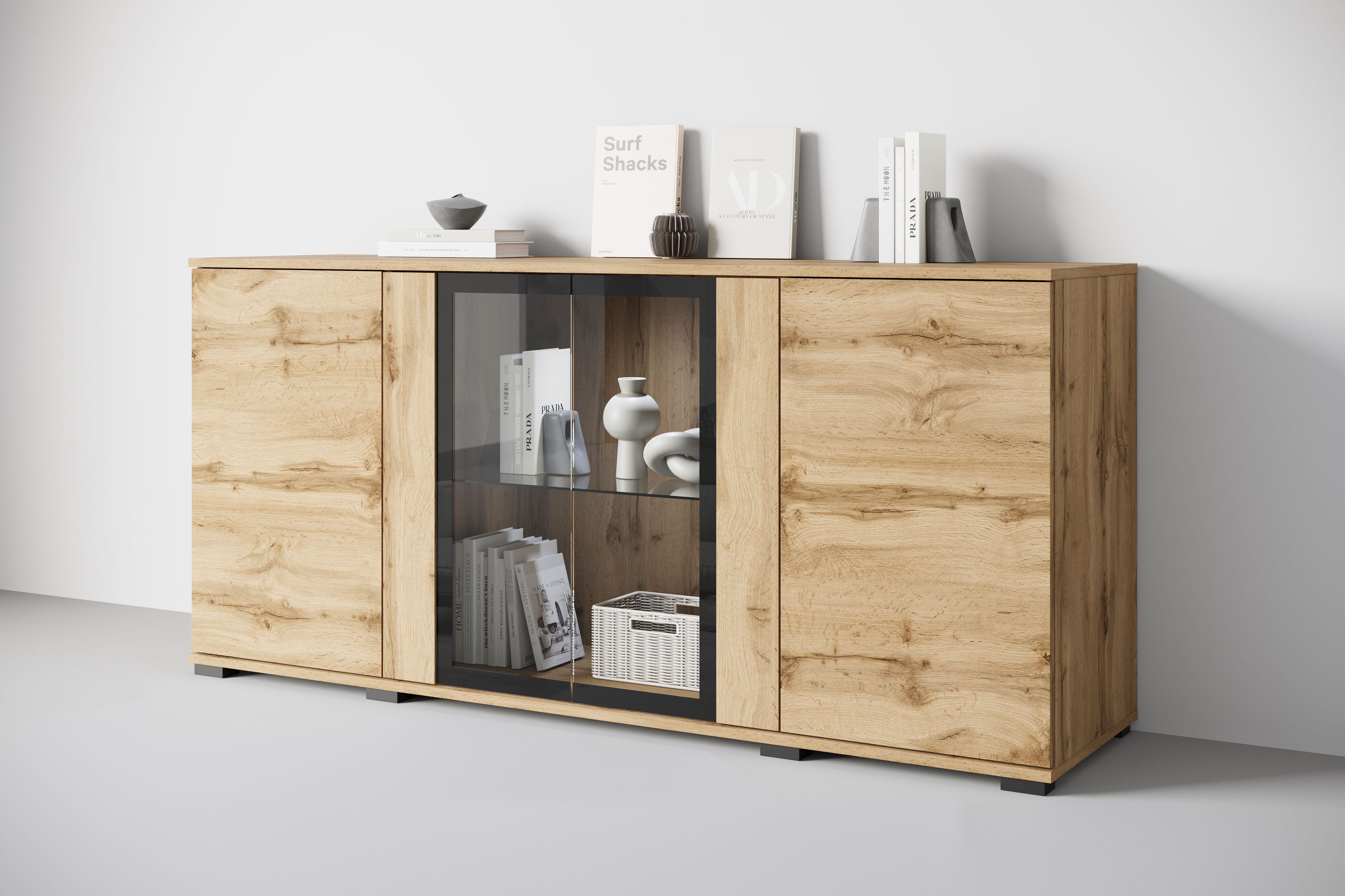 Home affaire Sideboard Caro, modernes Design mit Glaseinsätzen, Breite 150 cm (1 St), Grifflose Fronten mit Push-to-Open, höhenverstellbare Einlegeböden