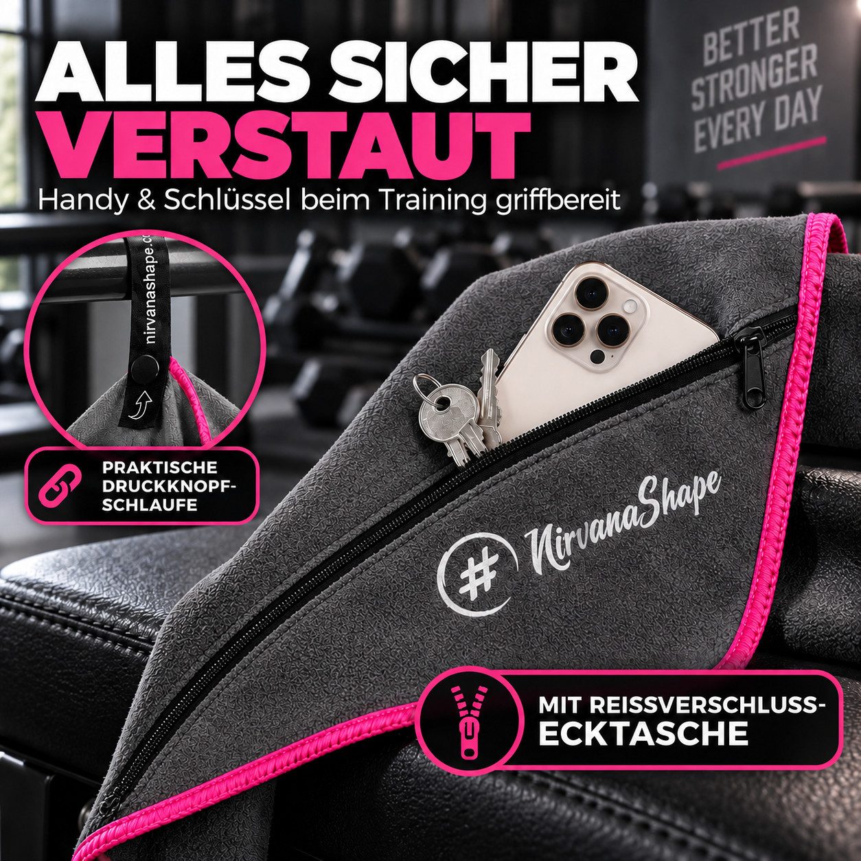 NirvanaShape Sporthandtuch NirvanaShape Mikrofaser Fitnesshandtuch mit Ecktasche und Knöpfen, saugfähig, leicht, schnelltrocknend, für Reisen, Fitness, Yoga, Sa – Bild 3 von 5