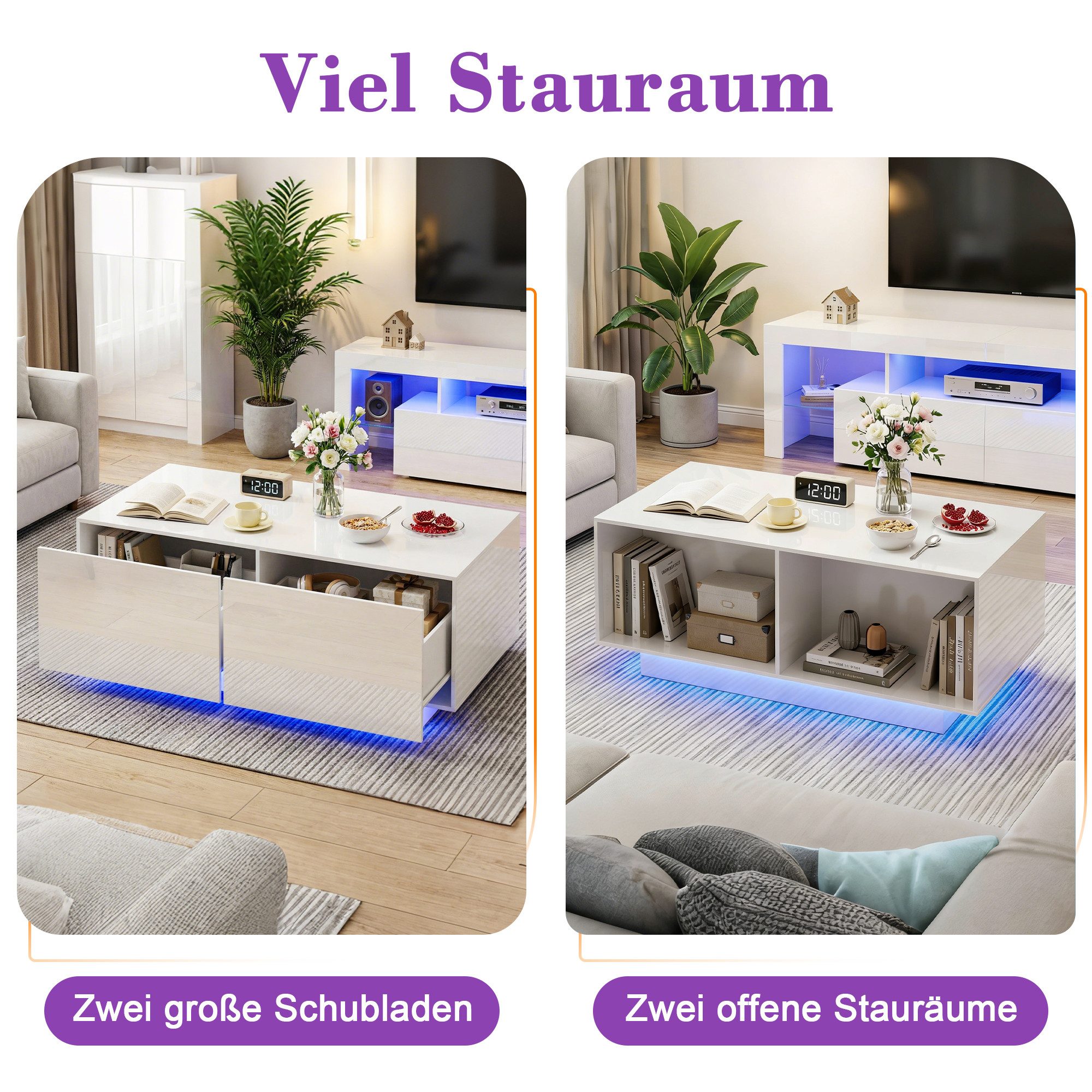Hyaapwod Couchtisch Hochglanz-Couchtisch mit Schublade und offenem Fach (1-St), mit LED-Beleuchtung, Weiß – Bild 4 von 5