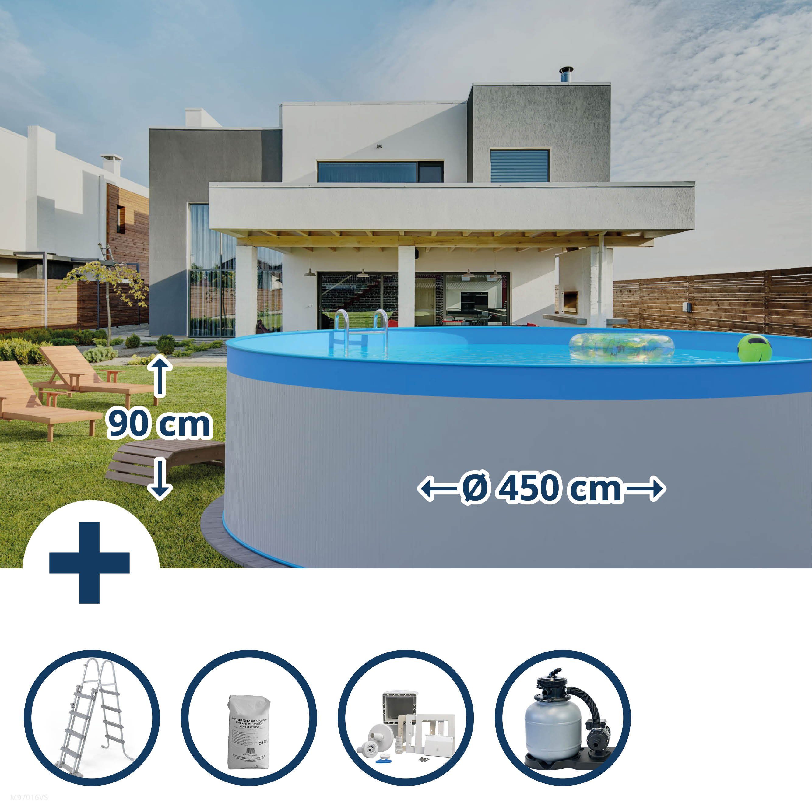 Waterman Rundpool Stahlwandpool Set (5-teilig) hoch rund 450 x 90 cm (Beckenset), verzinkte Stahlwand