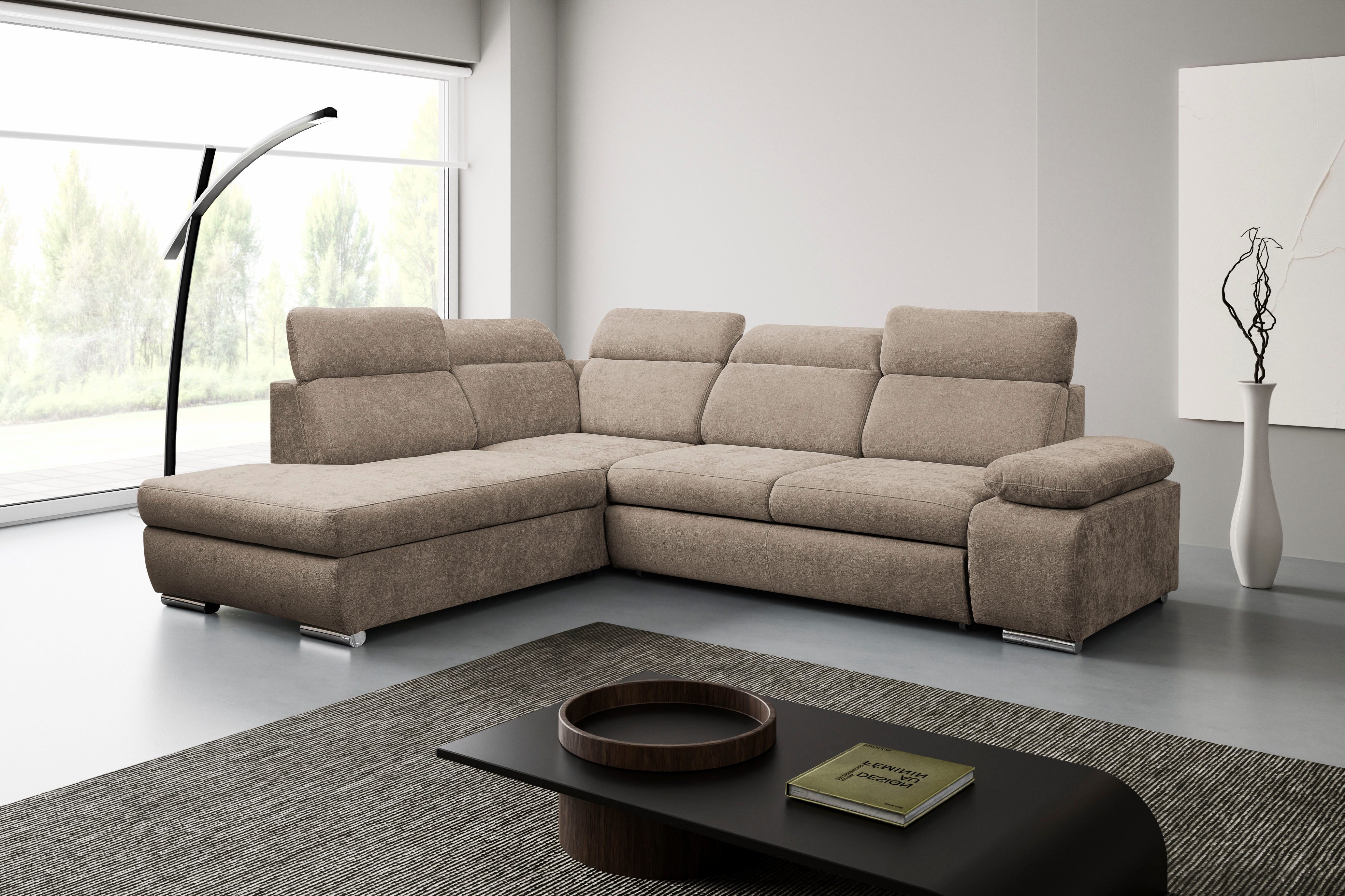 WERK2 Ecksofa Alicante 280 x 230 cm L-Form, Bett und Bettkasten, Kopfteilverstellung, Chenille, L-Form, XXL, Schlaffunktion, Bettkasten