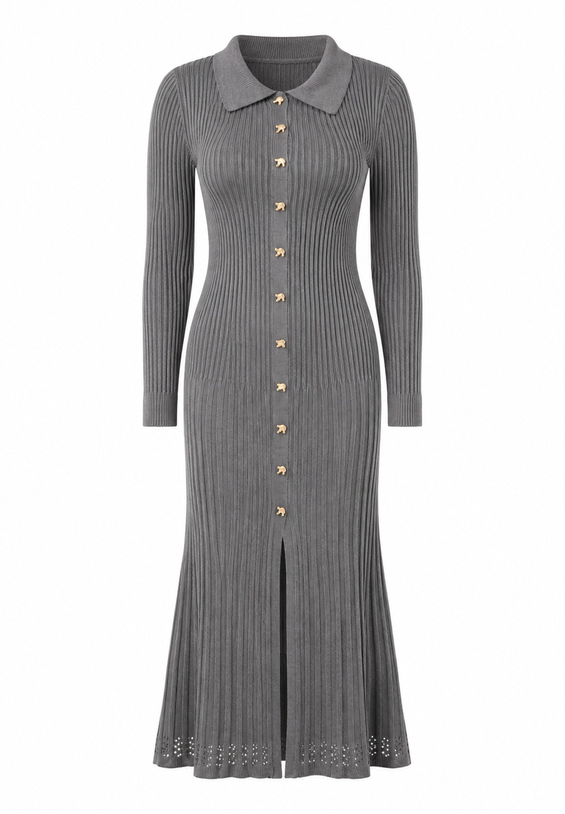 Elara Maxikleid – Langes Damen Strickkleid mit Kragen und Zierknöpfen im Rippstrick – Bild 5 von 5