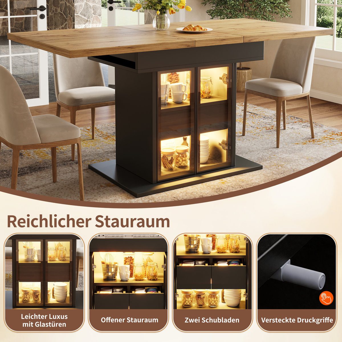 Odikalo Esstisch Küchentisch Wohnzimmertisch mit Stauraum & RGB-LED-Beleuchtung (Ausziehbarer Esstisch, 110–140cm, Glas-Schiebetüren & versteckte Druckgriffe)