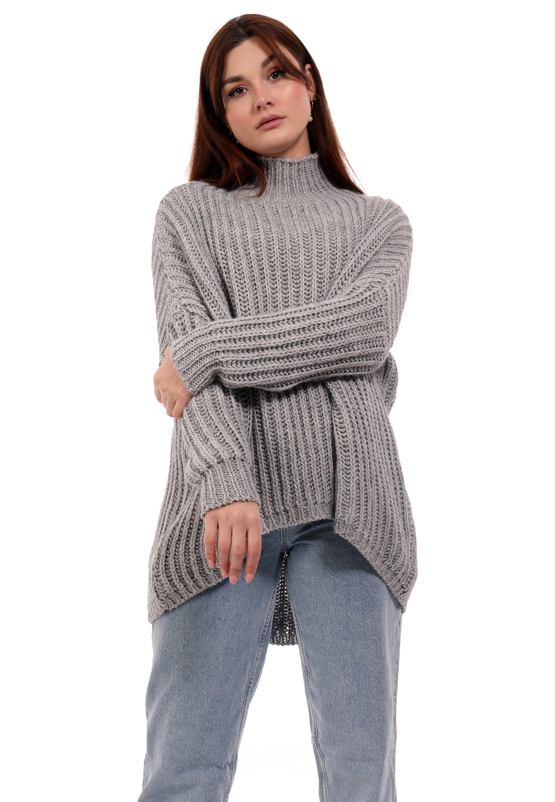 Style Sweater One Oversized Longpullover Vokuhila grau & YC (1-tlg) Grobstrick Pullover Fashion casual Size