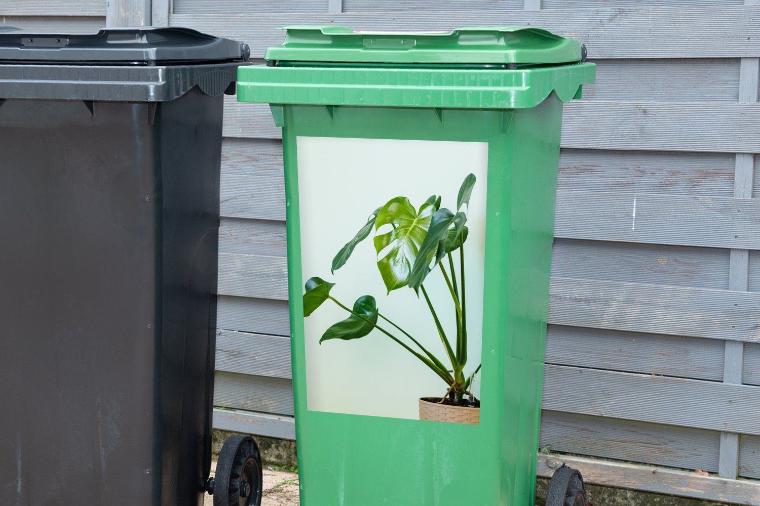 MuchoWow Wandsticker St), einem Mülltonne, in Abfalbehälter hellem Hintergrund Monstera Sticker, (1 Container, mit Topf Mülleimer-aufkleber