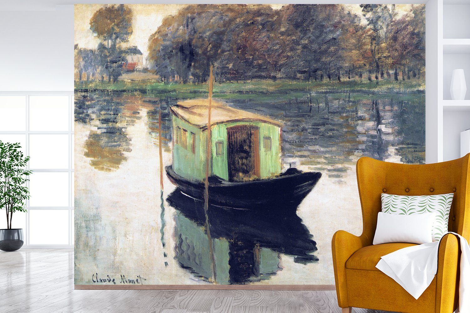 für Wandtapete MuchoWow (5 Monet, Claude Montagefertig Atelierboot Gemälde Vinyl von Das bedruckt, - Fototapete Wohnzimmer, Tapete Matt, St),