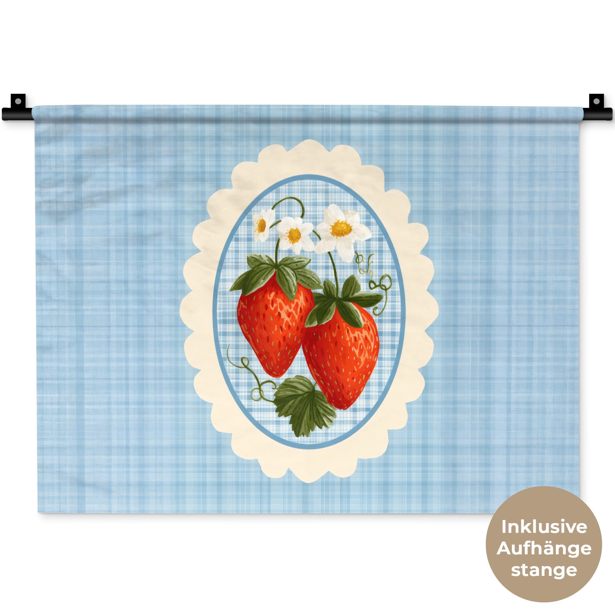 MuchoWow Wandteppich Erdbeeren - Rahmen - Rot - Kariert, Rechteckig, Höhe: 3 mm, Wanddeko Teppich Wohnzimmer, Schlafzimmer, 60x45 cm