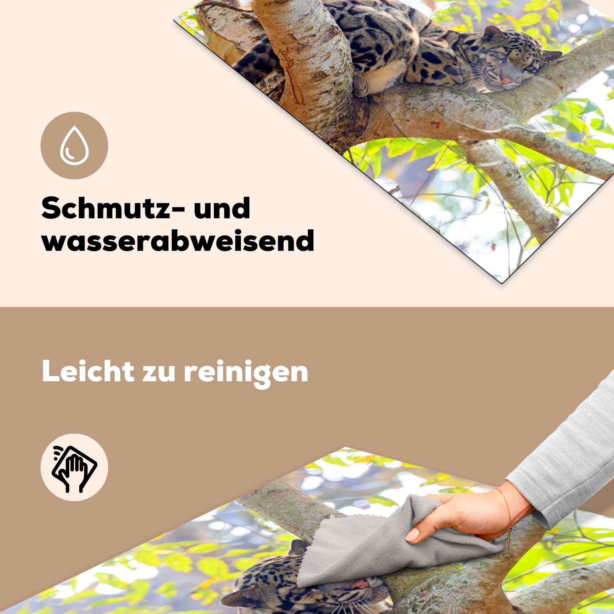 Vinyl, küche, für Wolkenleopard cm, Induktionskochfeld Ceranfeldabdeckung einem Ein Schutz 81x52 auf (1 MuchoWow tlg), ruht Herdblende-/Abdeckplatte aus, Baum die sich