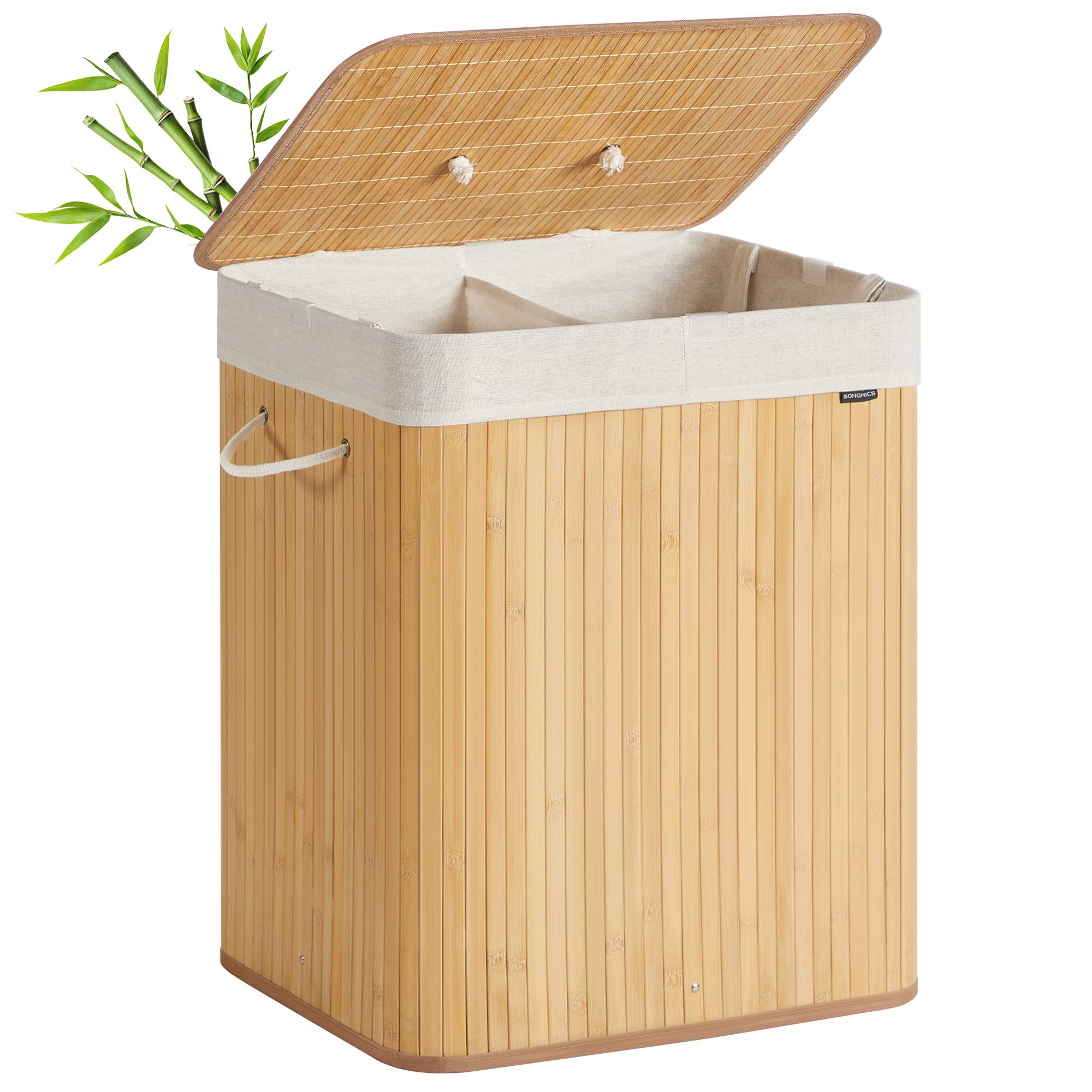 SONGMICS Wäschekorb, mit Deckel, 120 L, Wäschekorb aus Bambus, faltbar, mit Beutel