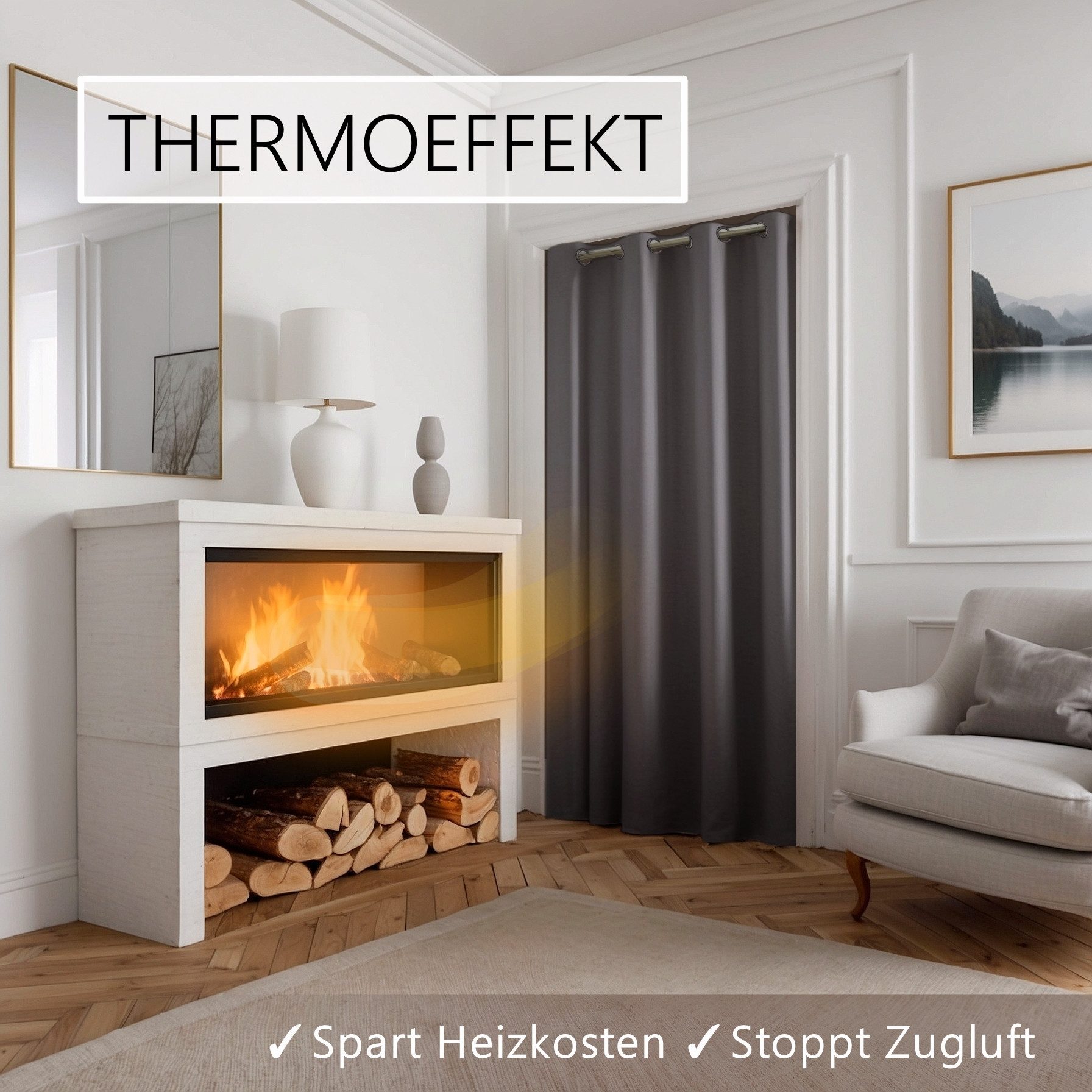 tinycurtains Türvorhang mit Stange silber 70-120 cm Thermo Vorhang ohne Bohren, mit Magneten, Ösen, abdunkelnd, Polyester, grau Nebula, Türgardine mit Klemmstan – Bild 4 von 5