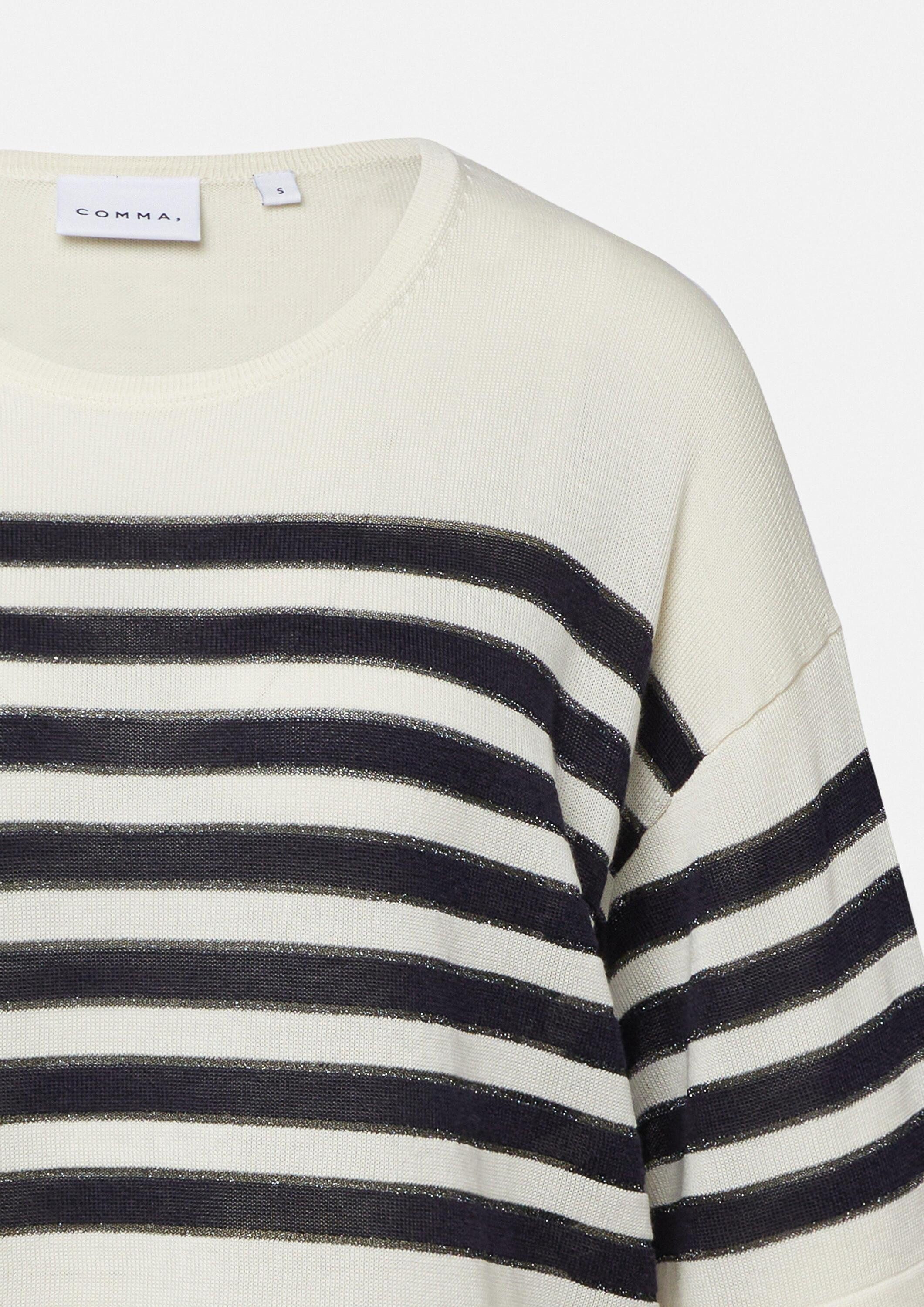 comma Kurzarmpullover Strickpullover Gestreifter Feinstrickpullover mit dezentem Glitzergarn