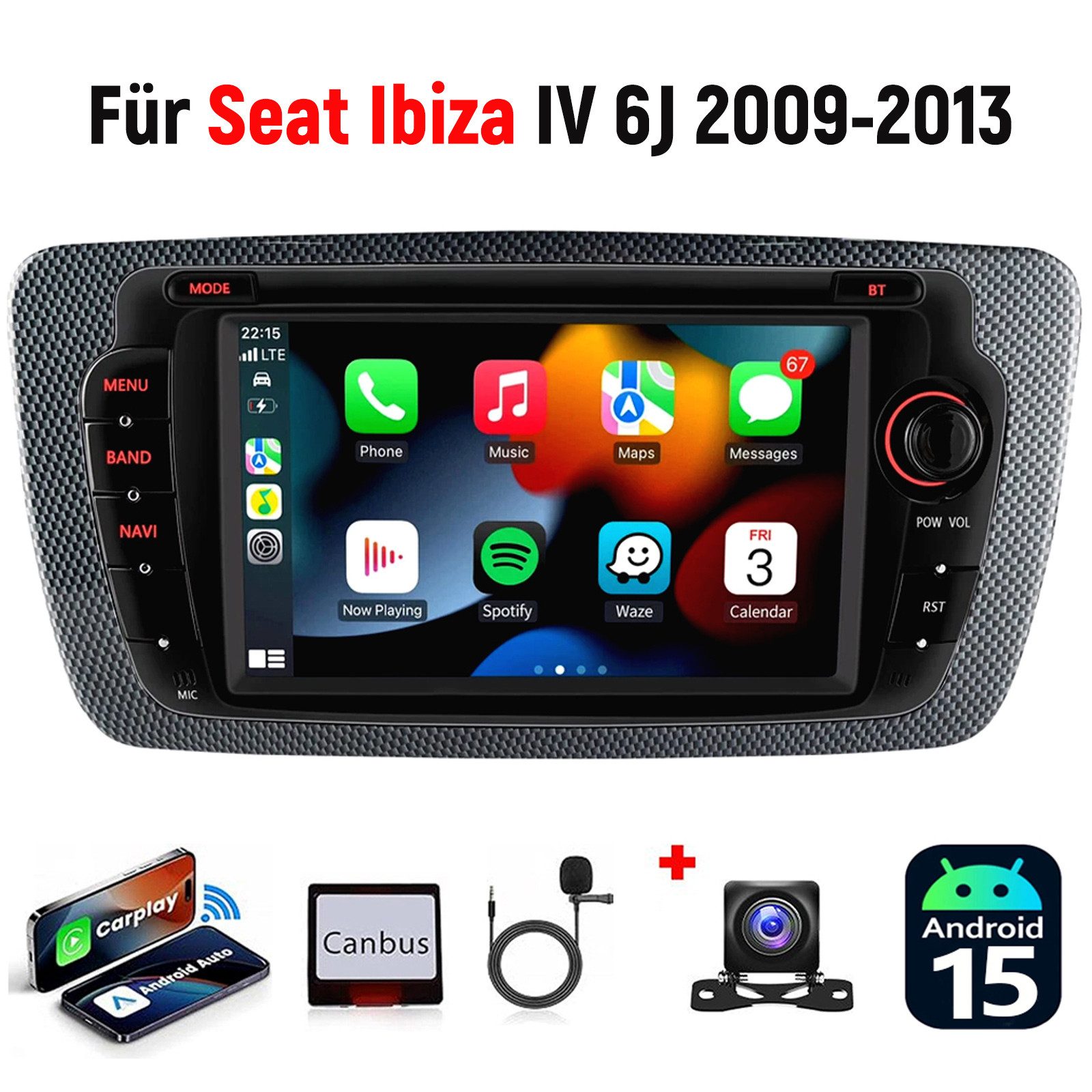 ESSGOO DAB+ 64G Android 15 Für Seat Ibiza IV 6J 2009-13 GPS Navi RDS Carplay Autoradio (AM, FM, 4+64GB(optional), RDS, DAB (optional), DAB+ (optional), Apple Carplay & Android Auto,2+64GB(optional),EQ SWC,DBA)
