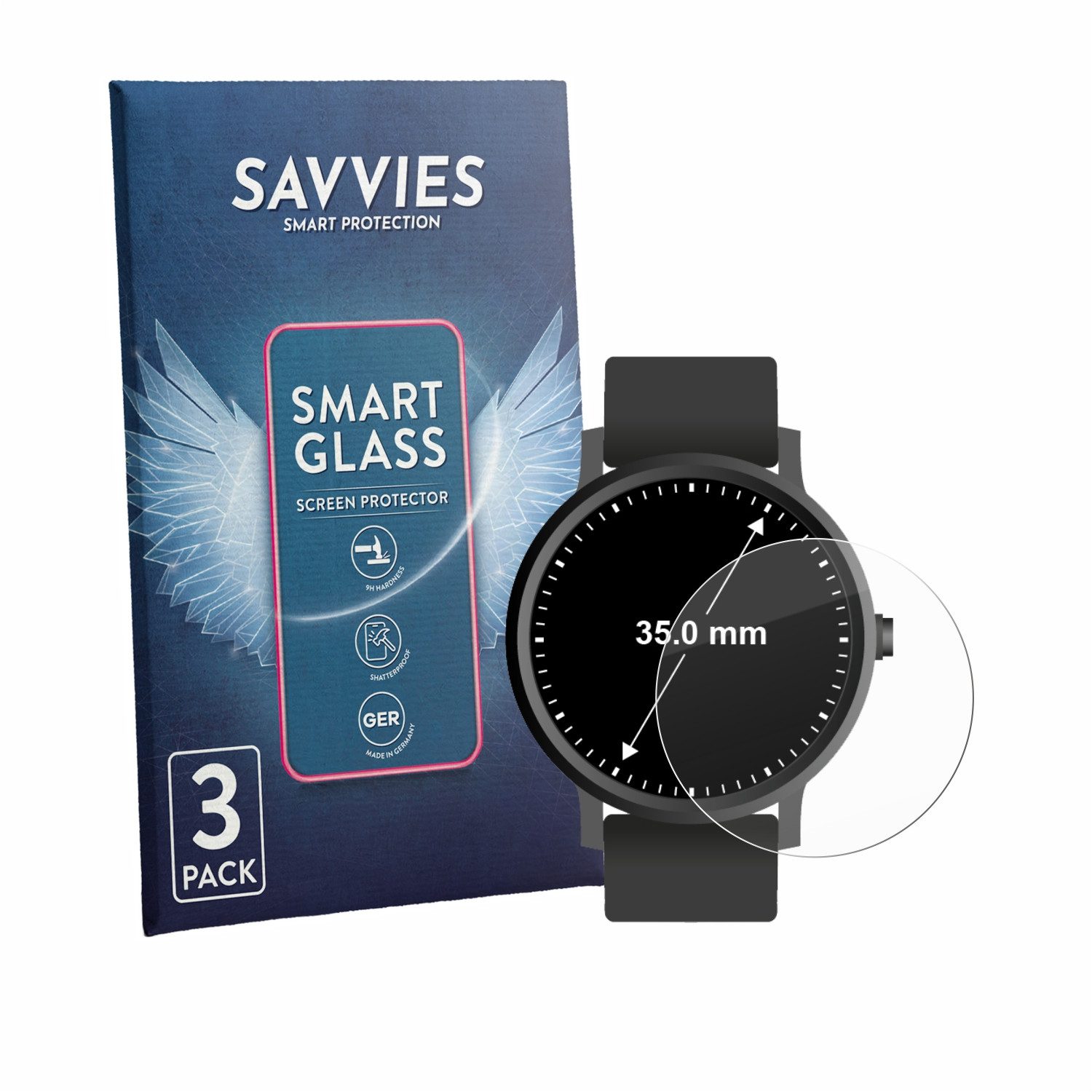 Savvies Displayschutzglas Schutzglas Panzer für Armbanduhren (Kreisrund, ø: 35 mm), 3 Stück, Schutzfolie Display Schutz Glas Folie klar