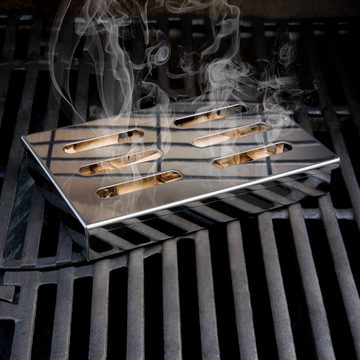 Blumtal Räucherbox Smokerbox aus rostfreiem Edelstahl für Gas- und Holzkohlegrill (2-tlg) 1 Räucherbox oder 1 Räucherbox inklusive Buchenholz-Chips (150g) mit edler Chromoptik