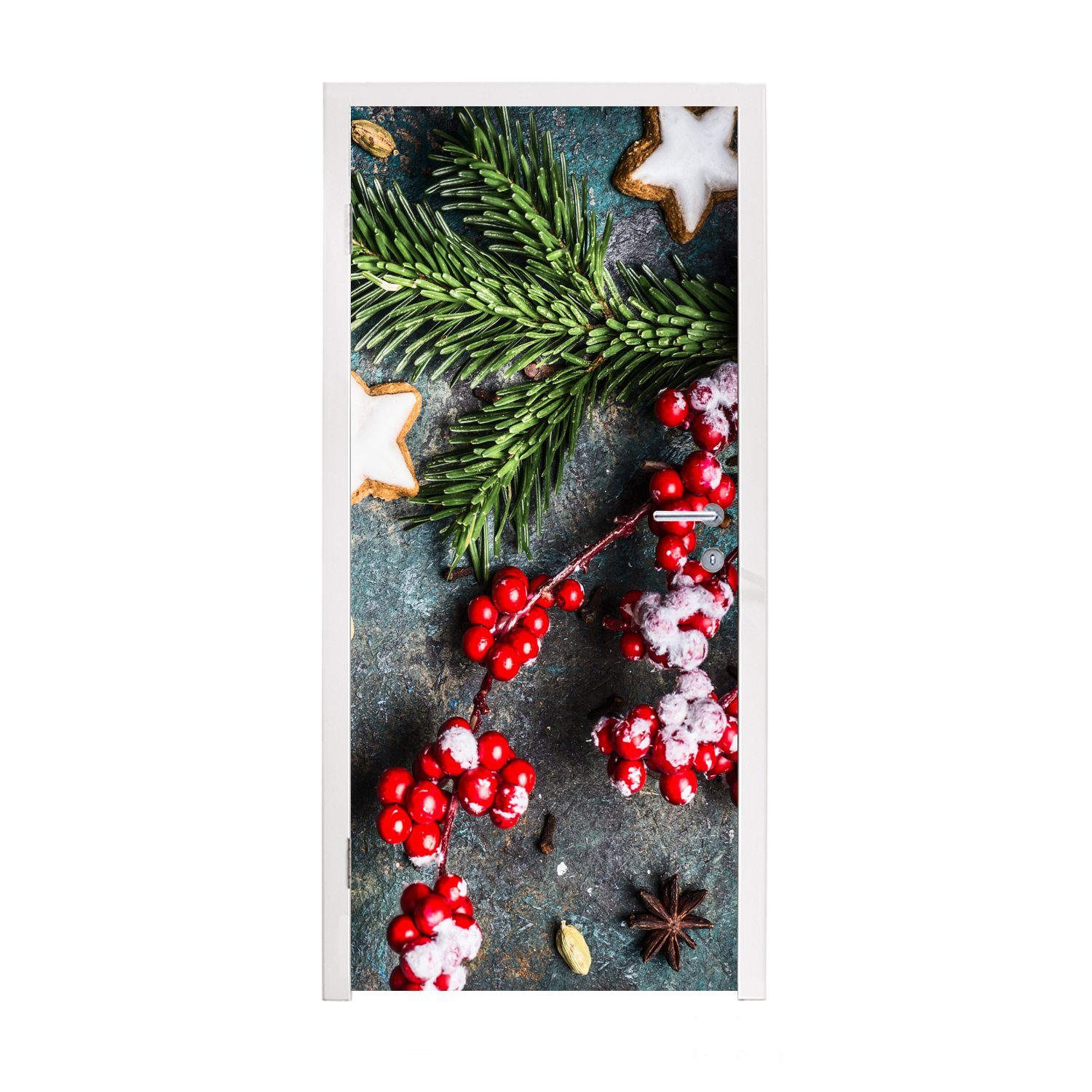 MuchoWow Türtapete Weihnachten - Rustikal - Zweige - Sternanis - Beeren - Rot, Matt, bedruckt, (1 St), Fototapete für Tür, Türaufkleber, 75x205 cm