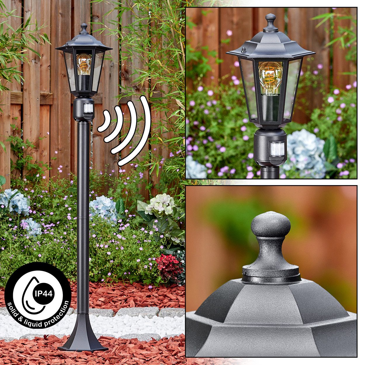 hofstein Pollerleuchte Wegeleuchte m. Bewegungsmelder aus Metall/Glas in Schwarz/Klar, ohne Leuchtmittel, antike Außenleuchte, Gartenlampe, Gartenbeleuchtung IP44, 1 x E27