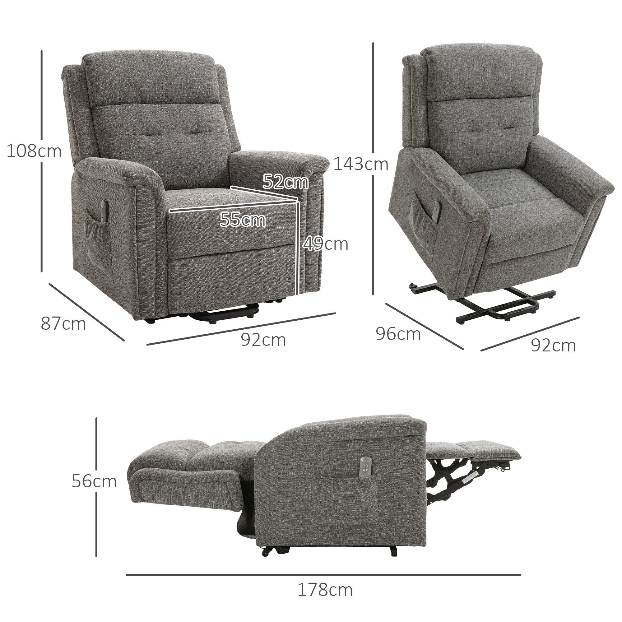 HOMCOM Massagesessel Elektrischer Aufstehsessel mit 2 Motoren Fernsehsessel (Seniorensessel, 2-St., Sesse), Liegefläche 178cm