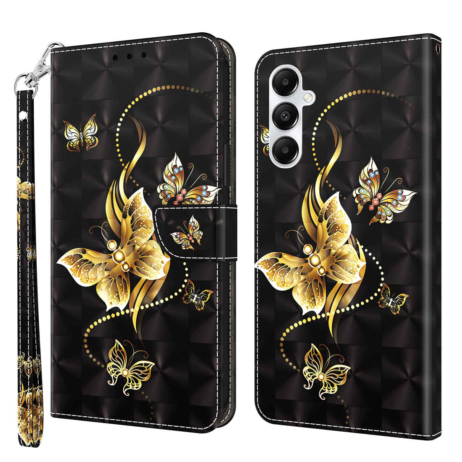CLM-Tech Handytasche für Samsung Galaxy A16 / A17 5G Hülle aus PU Leder Klapphülle (goldene Schmetterlinge schwarz, Handyhülle mit Standfunktion - Wallet Flip Case inklusive Kartenfächer), Cover mit Magnetverschluss - Samsung Galaxy A16 5G Schutzhülle