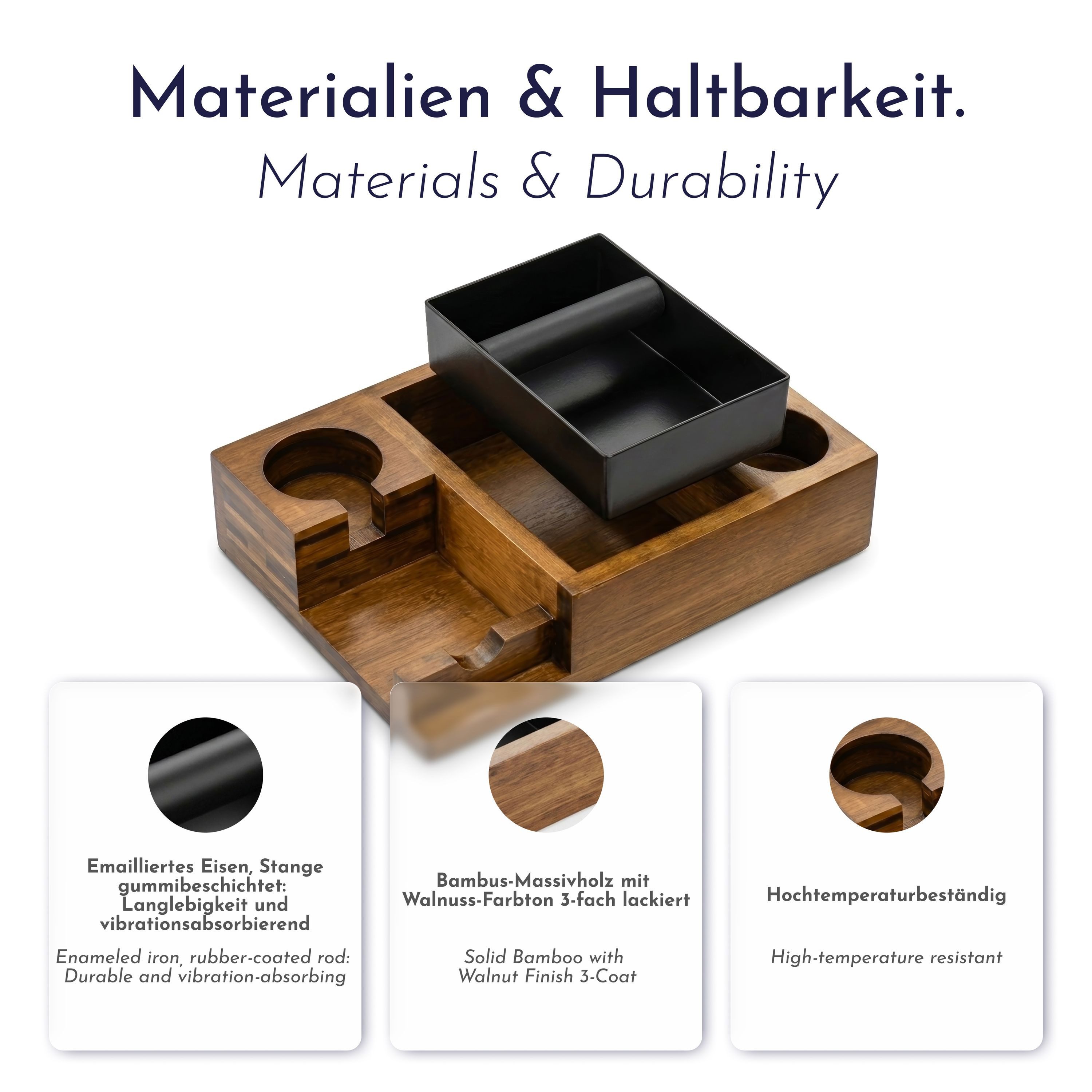 WONDERMAKE Tamperstation mit Knock-Box Siebträger 51–58,5 mm, Moso-Bambus mit Walnuss-Finish, Espresso Kaffee Organizer mit Ablagen für Tamper, Leveler, Puck Screen
