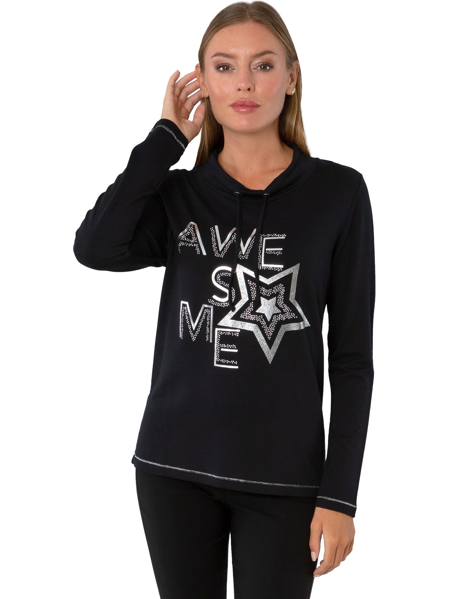 Estefania for woman Langarmshirt 193-1249, "awesome" mit Strass und Metallicprint Tunnelzug am Kragen