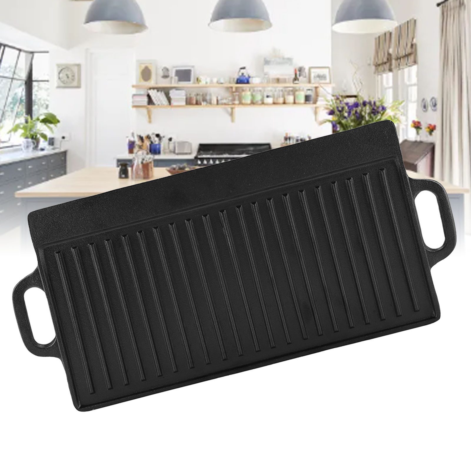 GARRYFIZH Grillpfanne Gusseisen Grillplatte Wendeplatte Induktion Rechteckig, Beidseitig nutzbar, Vorgebrannt, Plancha, Teppanyaki